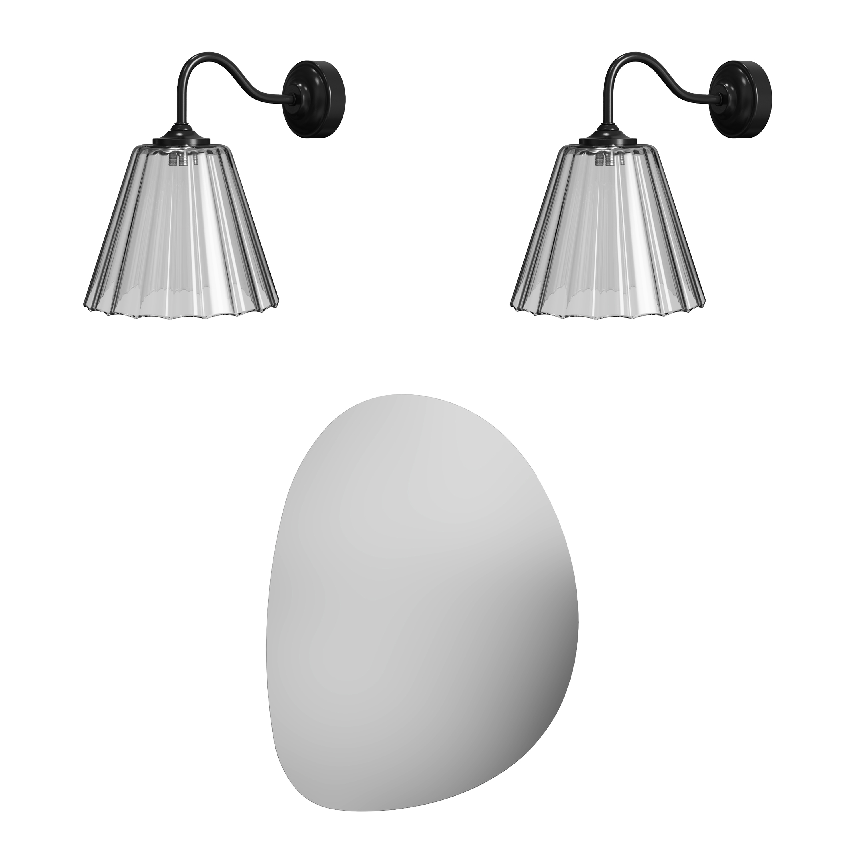 Organics Slim Mirror with Set Of 2 Fluted Glass Wall Shade Lights