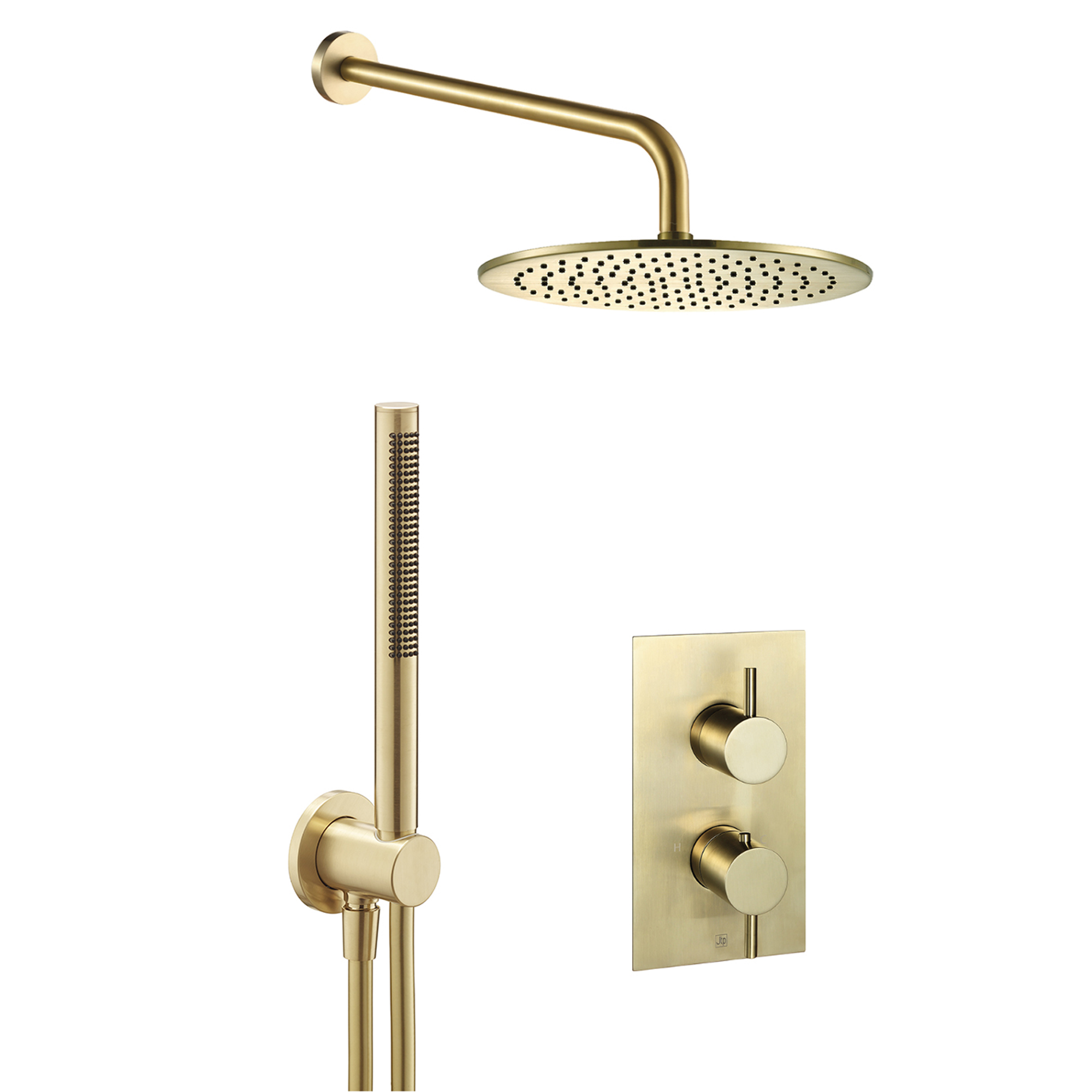 VOS Concealed Dual Outlet 2 Handle Shower Valve, Fixed Head & Shower Handset Kit - Brushed Brass