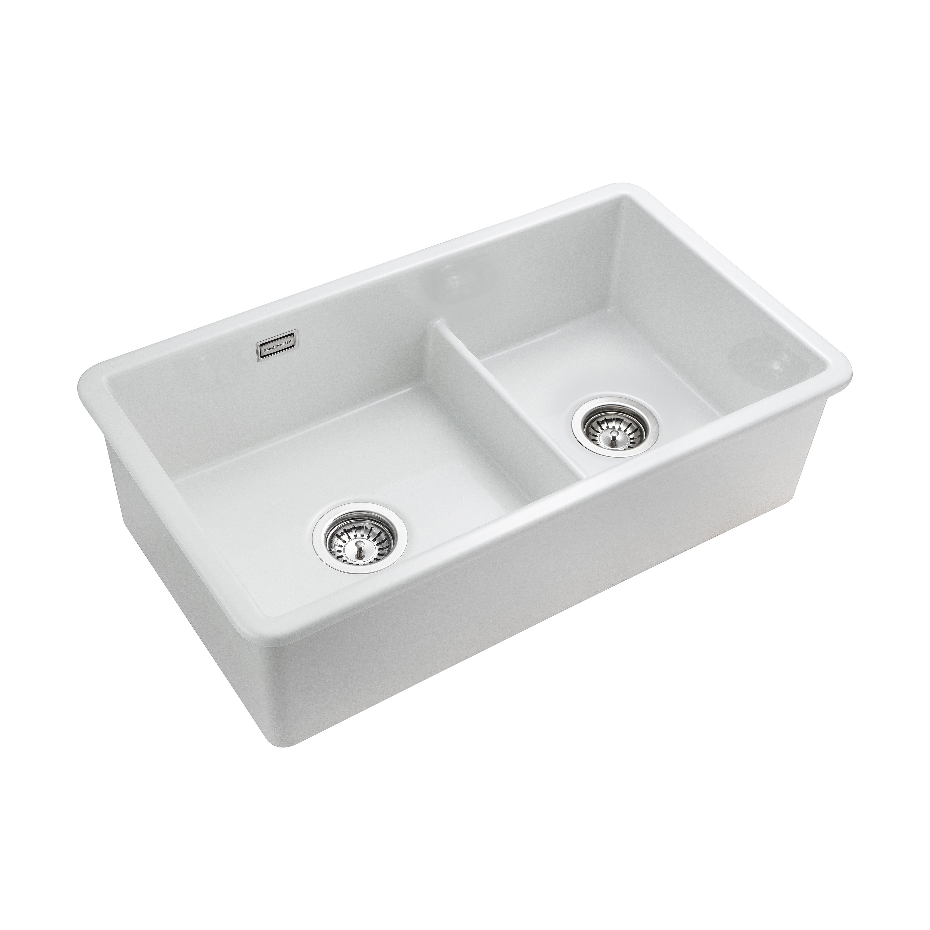 Rangemaster Rustique 2 Bowl Inset/Undermount Fireclay White Ceramic Kitchen Sink & Waste Kit - 796 x 462mm
