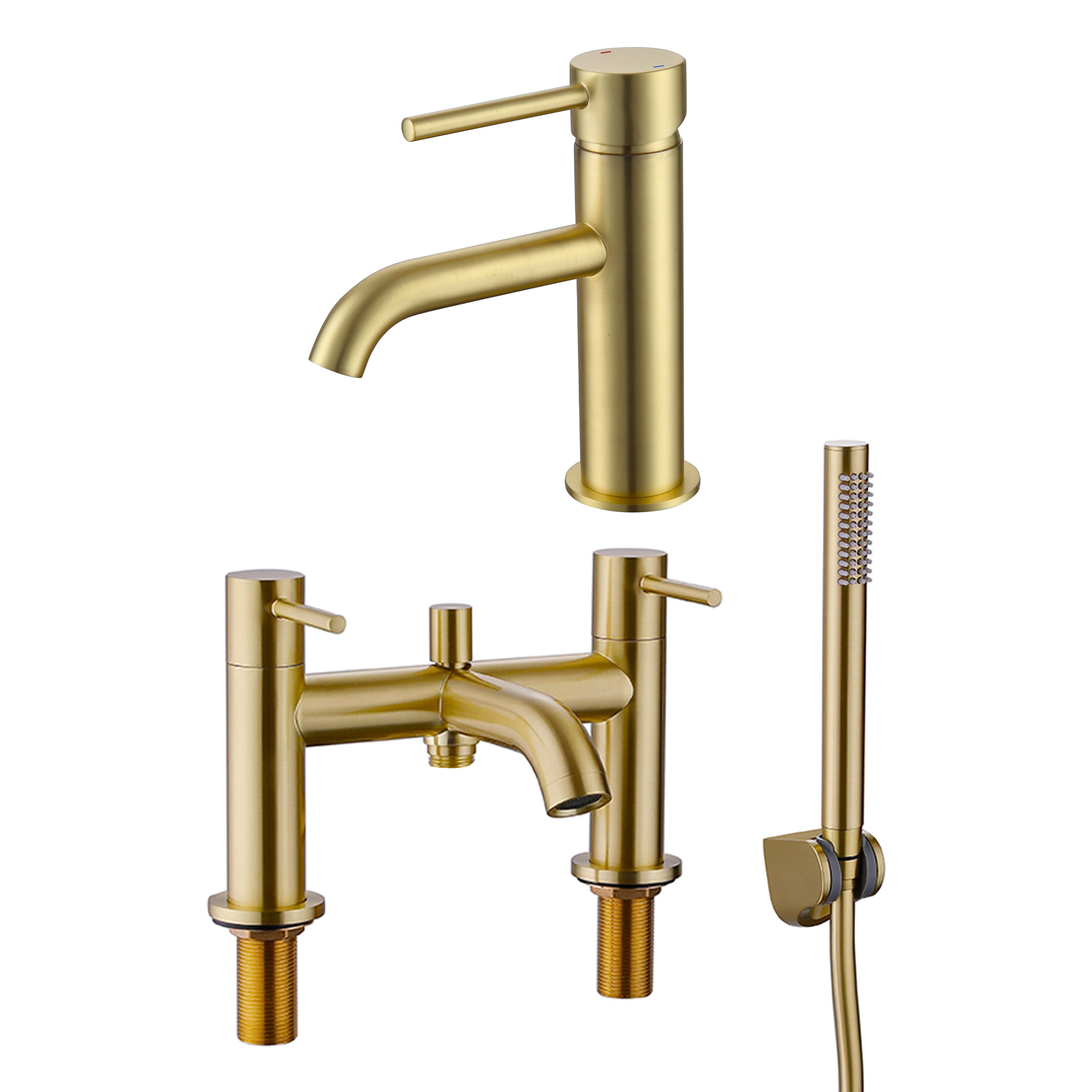 Harbour Clarity Brushed Brass Basin Mixer Tap & Waste and Bath Shower Mixer Tap with Shower Kit