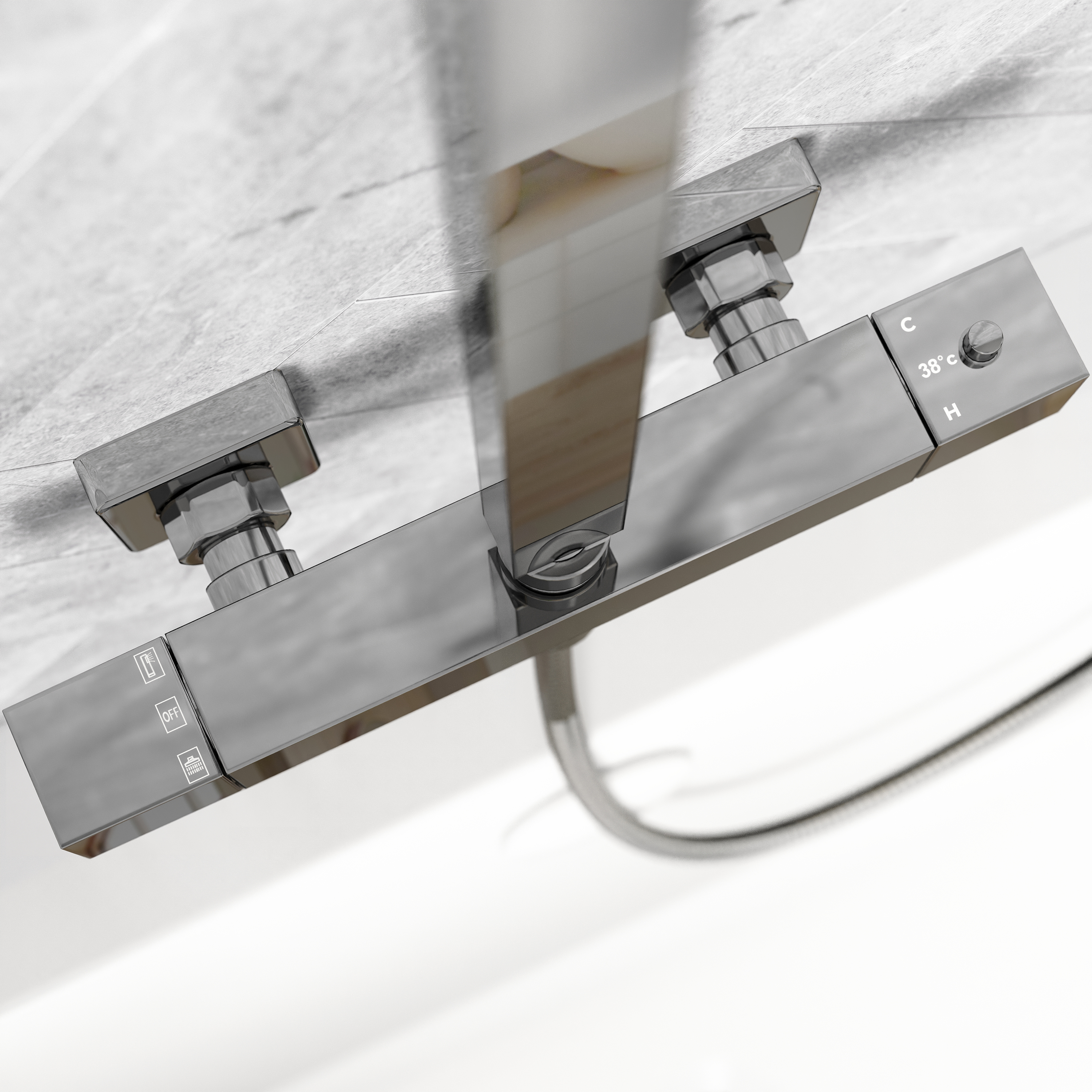 Vellamo Blox Exposed 3 Outlet Rigid Riser Thermostatic Shower Set with Integrated Bath Spout