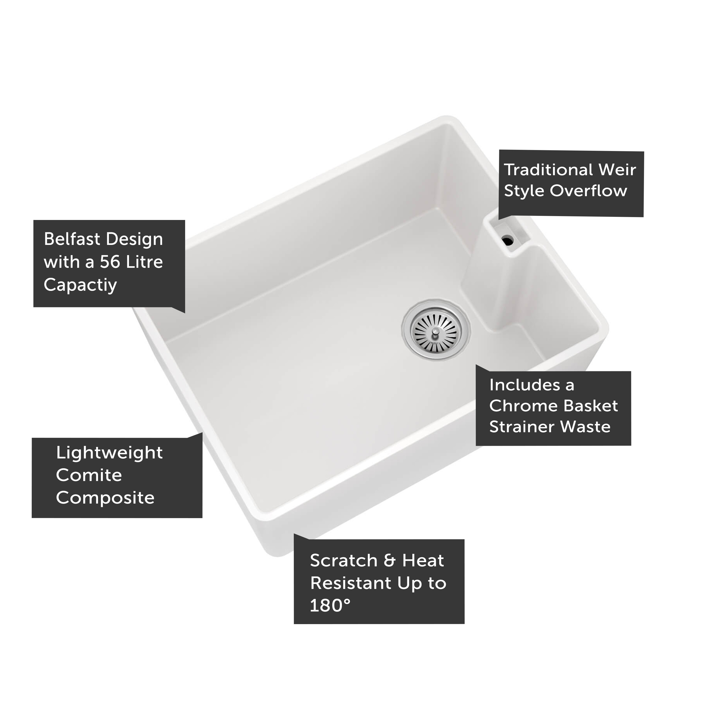 Vellamo Composite White Belfast Kitchen Sink & Waste - 595 x 455mm
