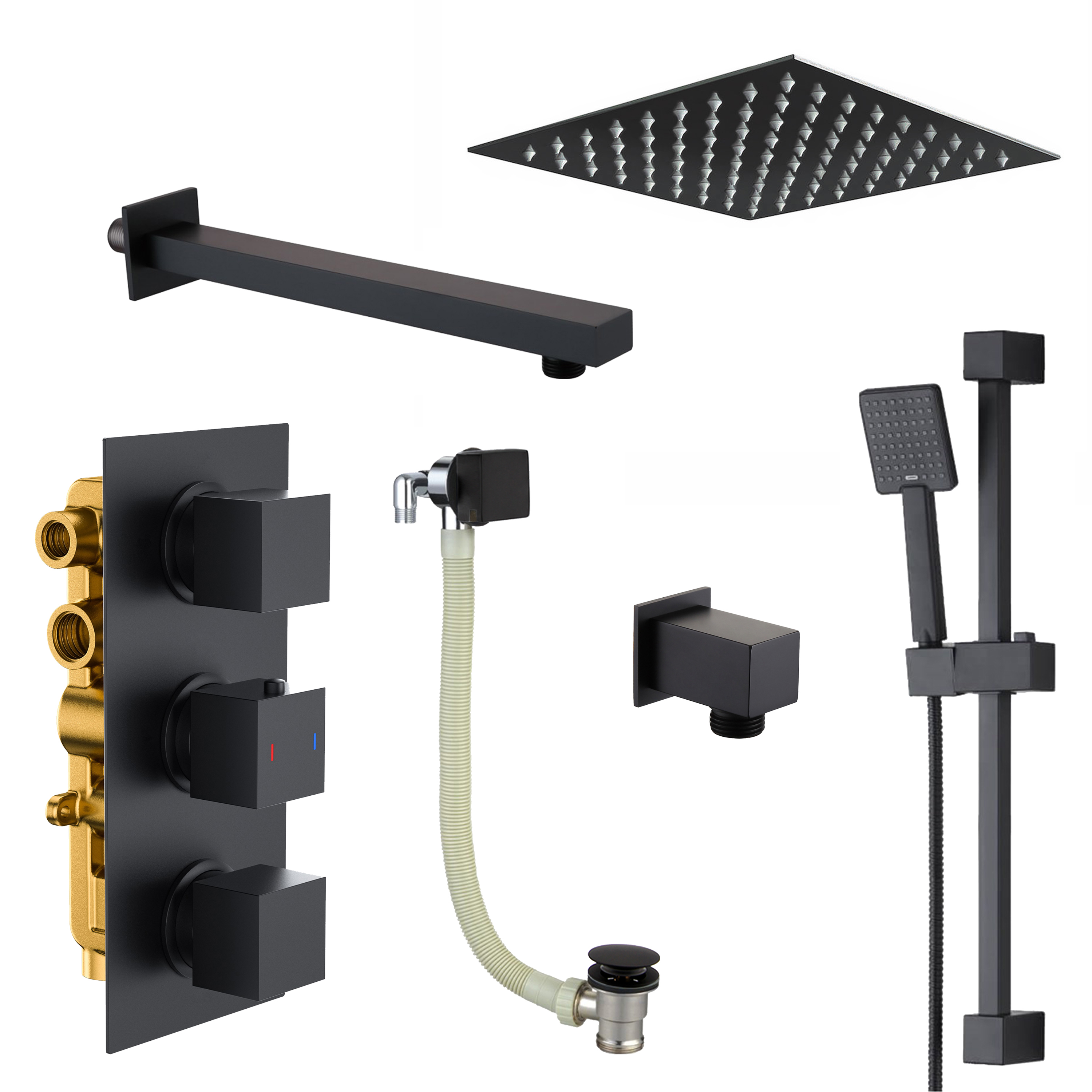 Harbour Status Matt Black Shower Package with 3 Outlet Valve, Fixed Head & Arm, Shower Rail Kit & Overflow Bath Filler