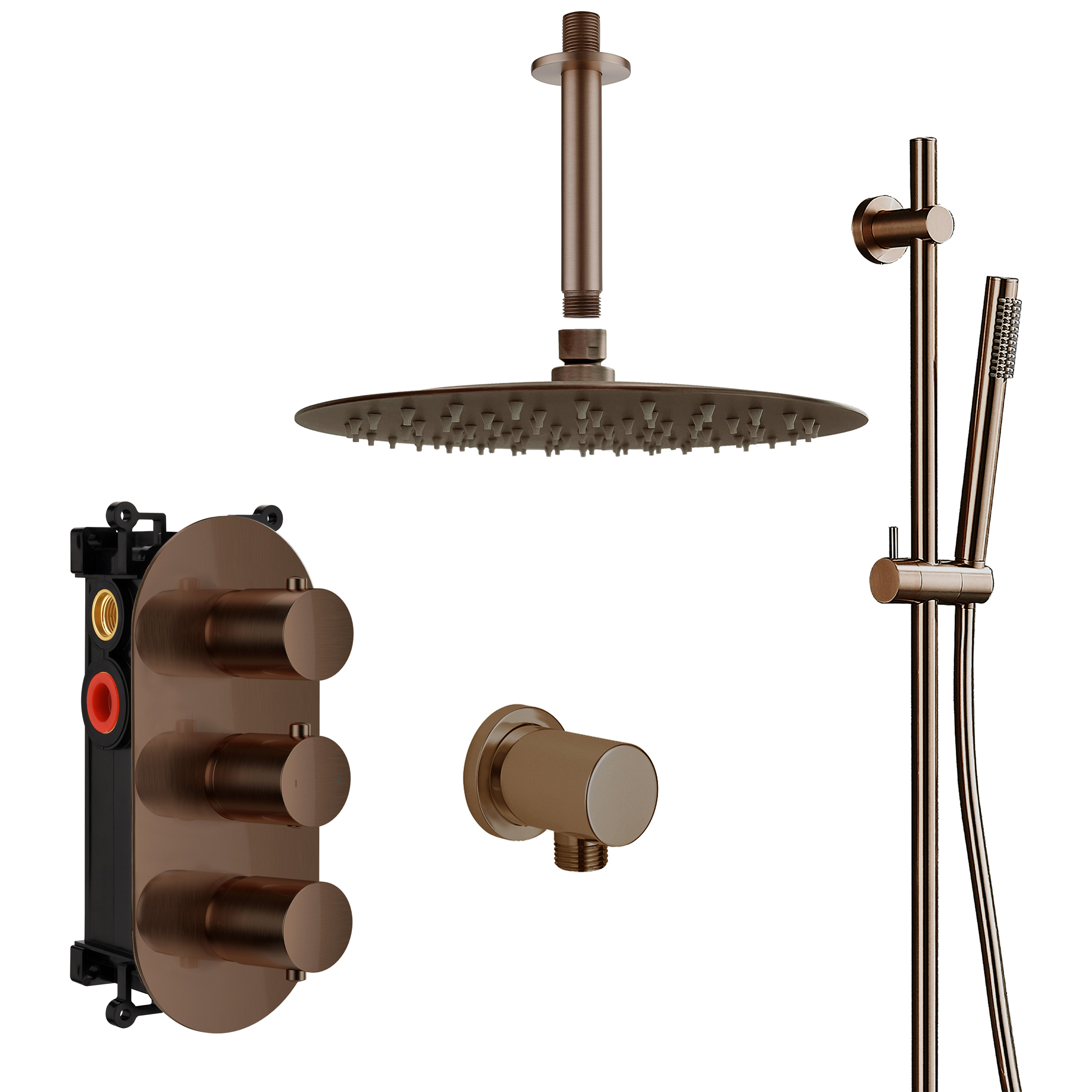 Harbour Clarity Brushed Bronze Shower Package with 2 Outlet Valve, Fixed Head & Ceiling Arm and Slide Rail Shower Kit