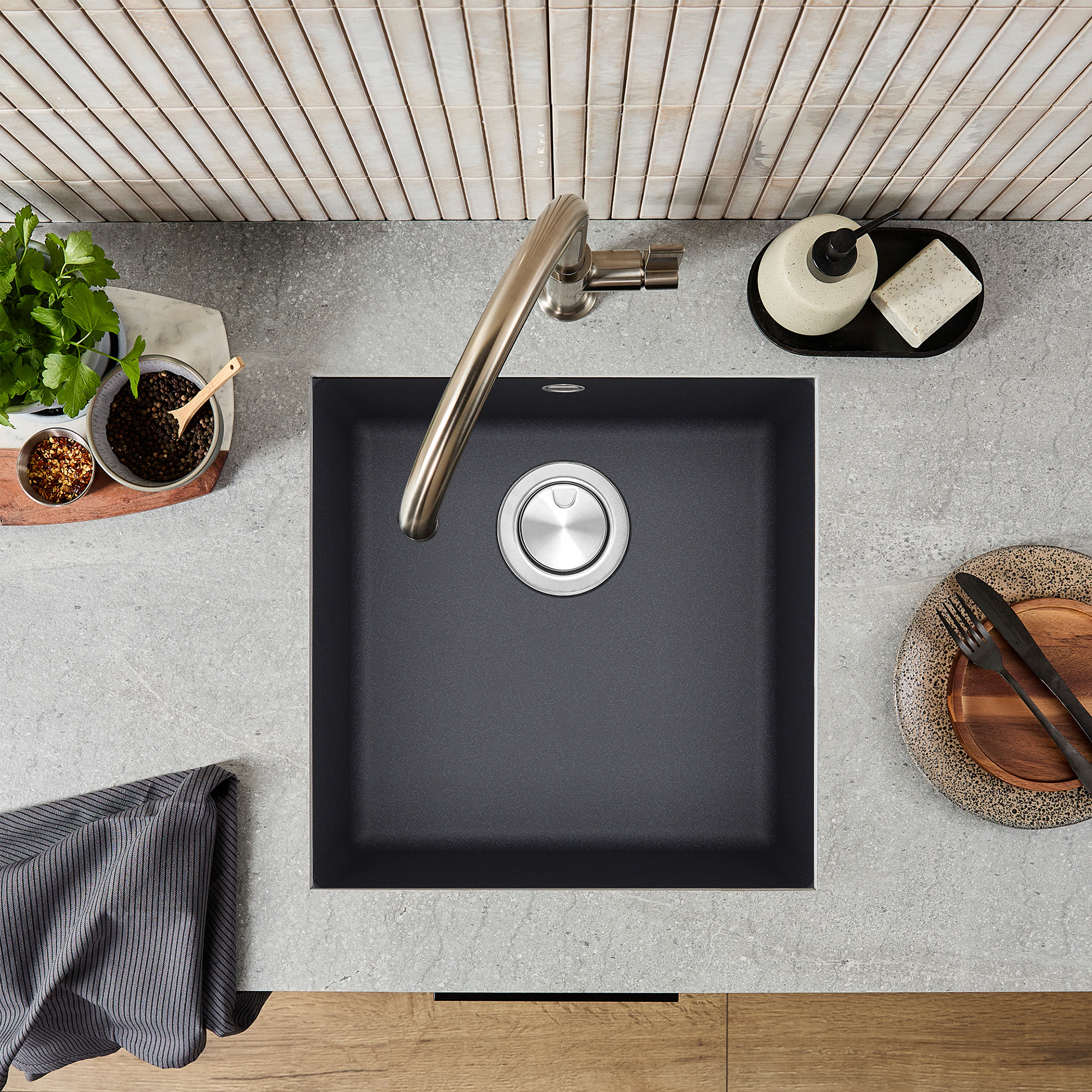 Clearwater Lumen 1 Bowl Granite Composite Inset/Undermount Kitchen Sink - 450 x 450mm