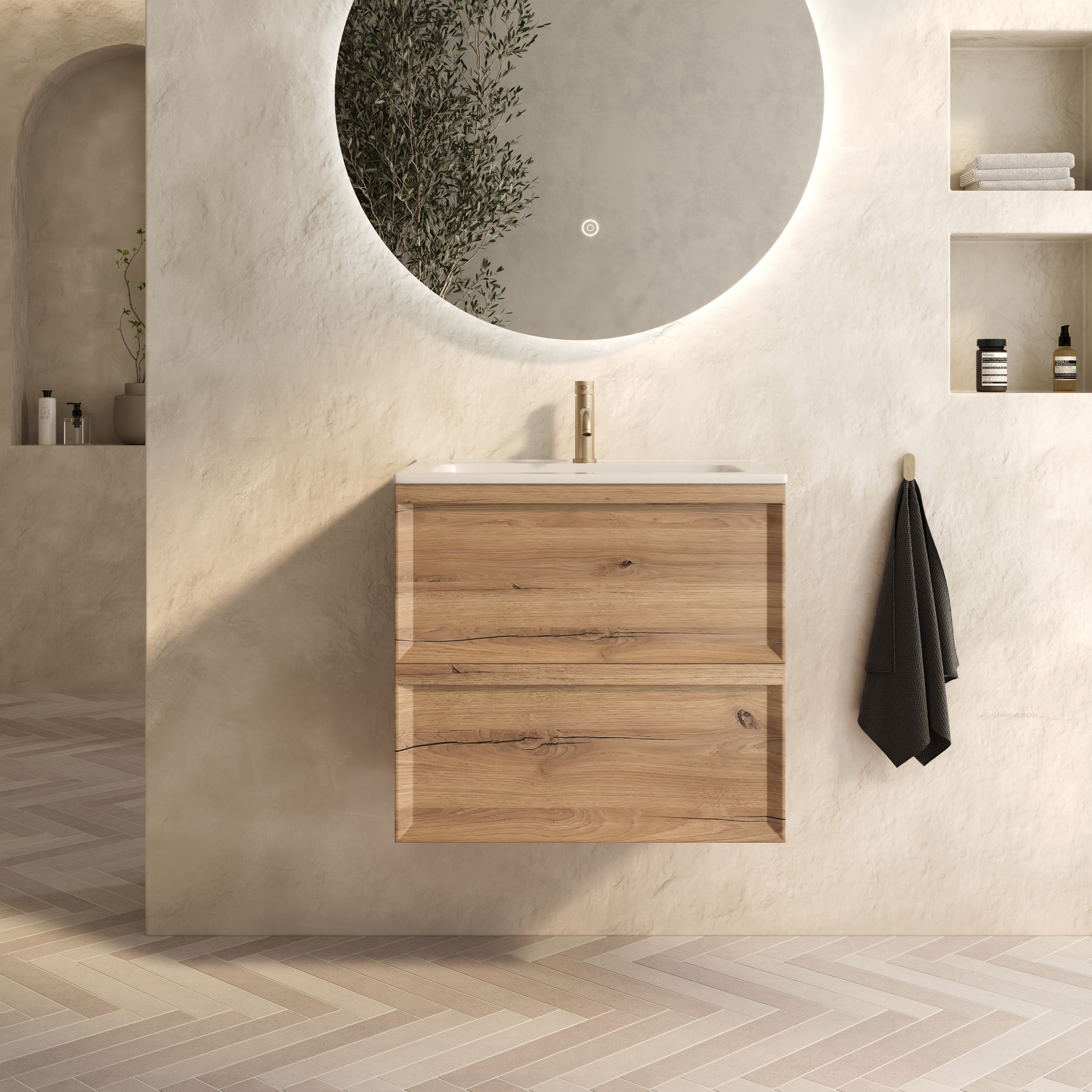 Aura 600mm Wall Mounted Natural Oak Vanity Unit & Matt White Basin