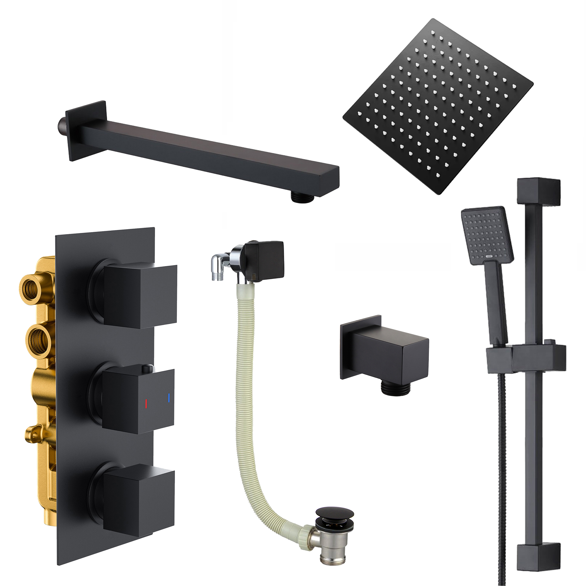 Harbour Status Matt Black Shower Package with 3 Outlet Valve, Fixed Head & Arm, Shower Rail Kit & Overflow Bath Filler