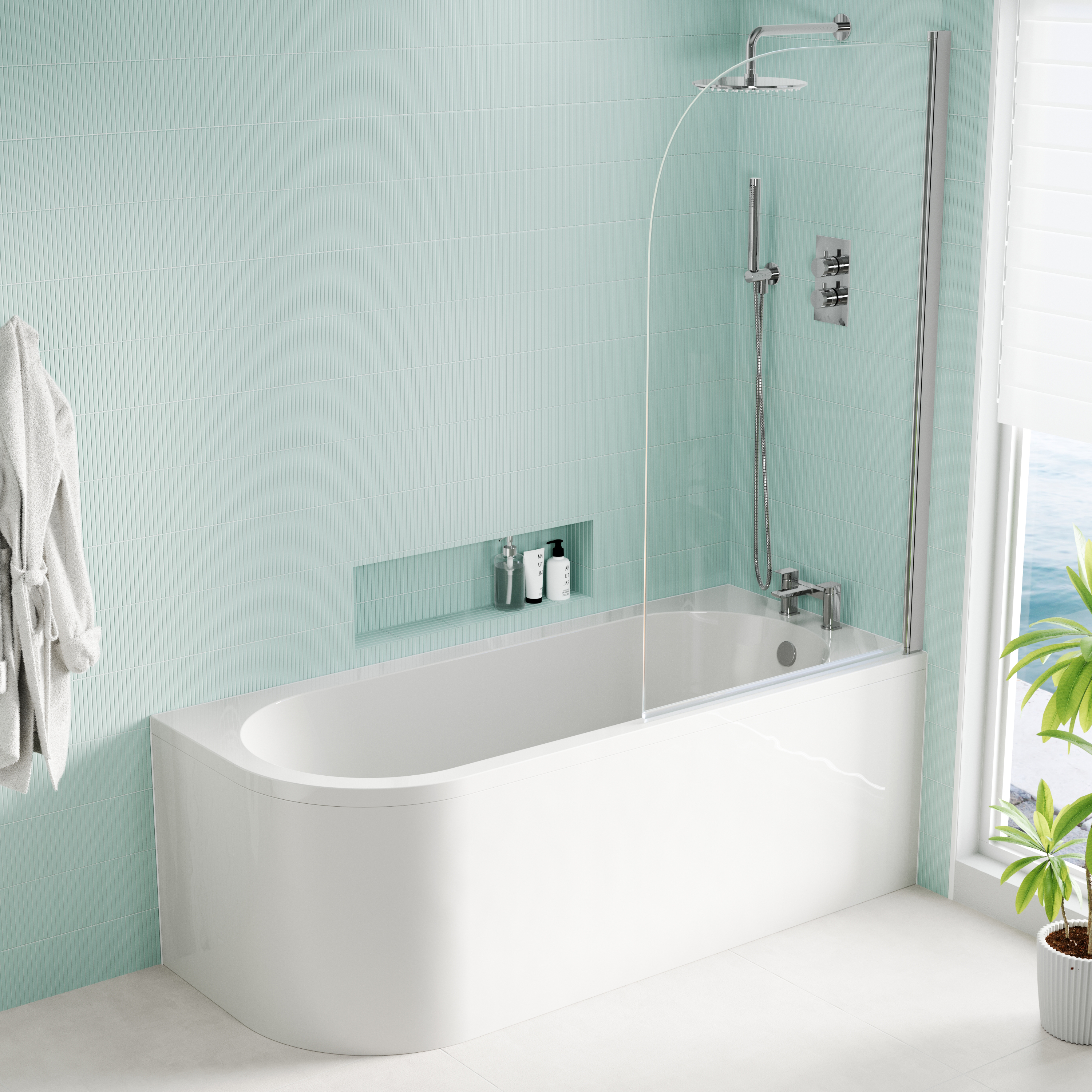 Armourcast Reinforced J Shaped Shower Bath with Panel & Shower Screen - 1700mm