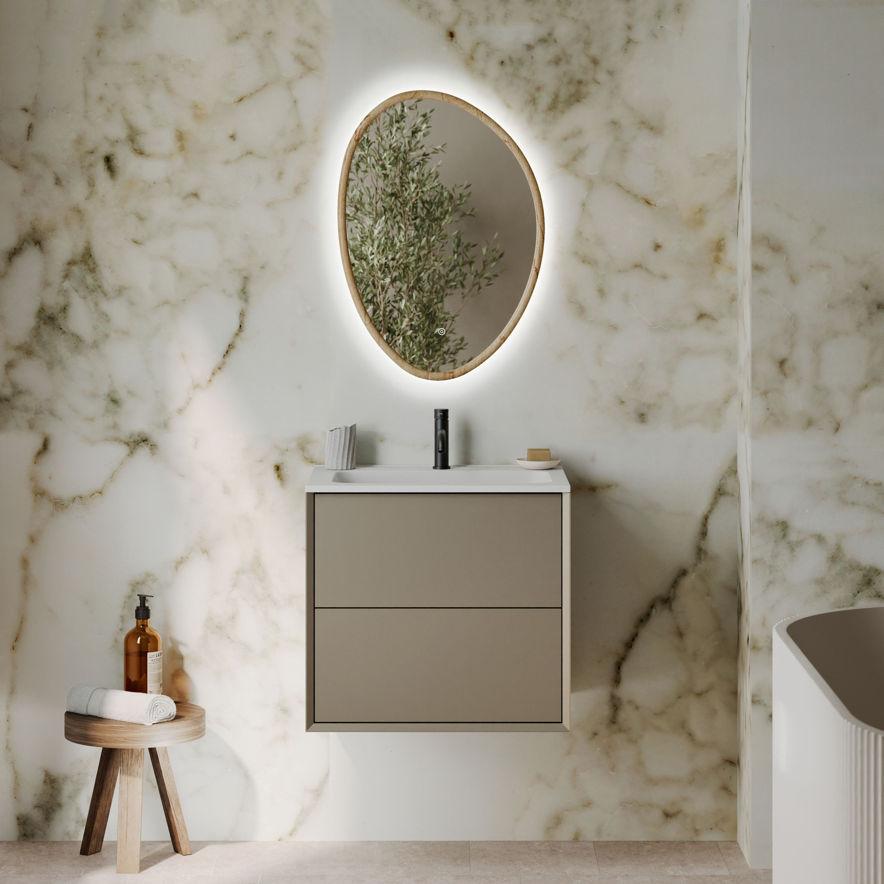 Siena LED Illuminated Stone Effect Framed Mirror with Demister Pad & Colour Change Lights - 500 x 700mm