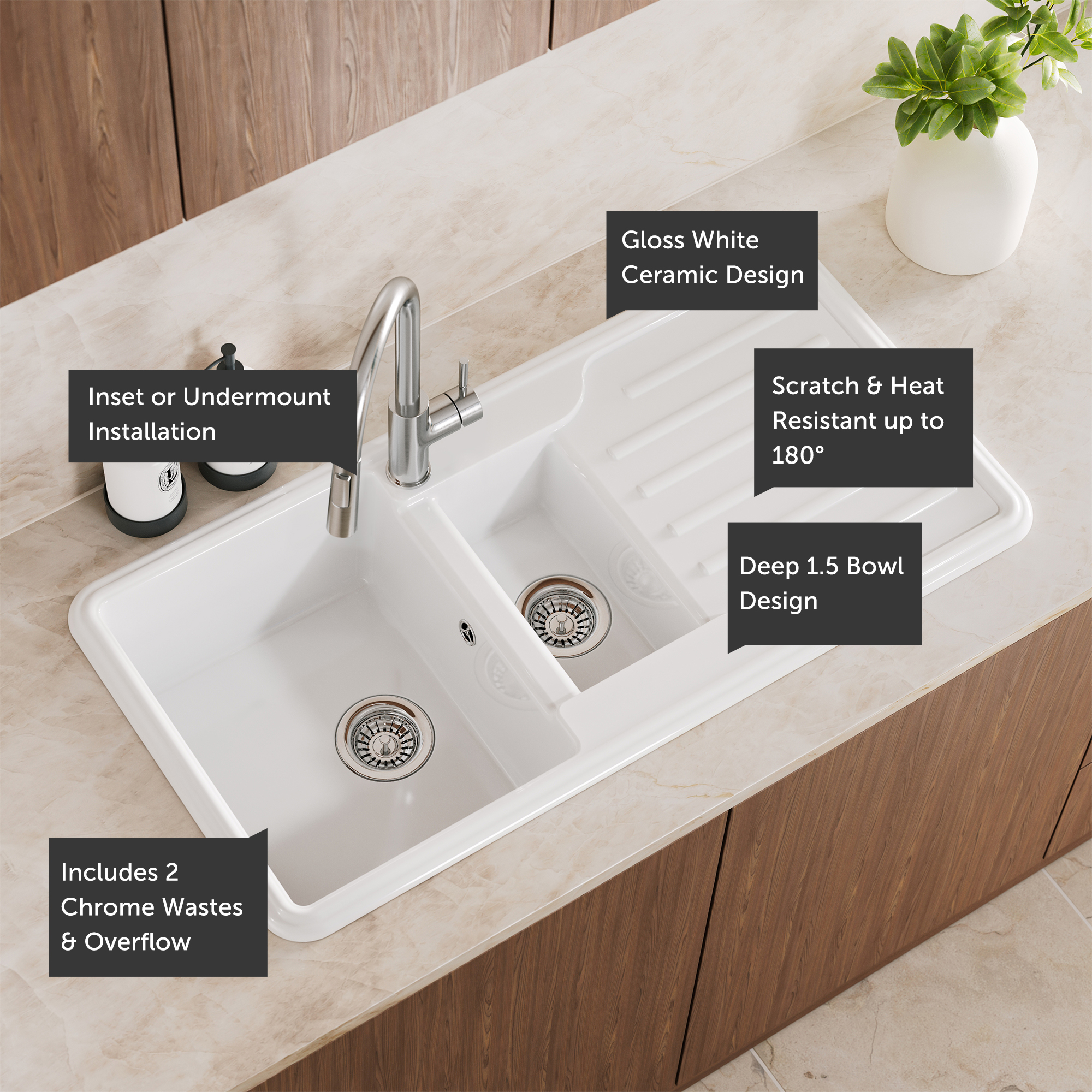 Vellamo Designer 1.5 Bowl Gloss White Traditional Comite Composite Inset Sink & Basket Strainer Waste - 1000 x 500mm