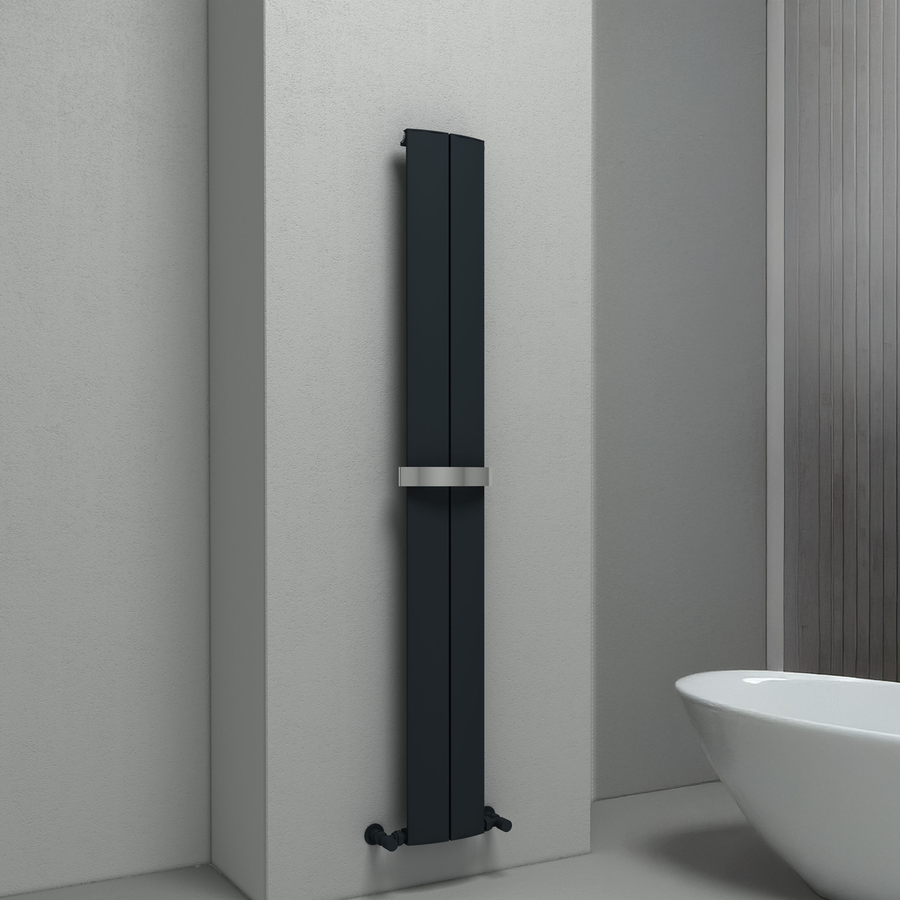 Carisa Play Bath Curved Panel Vertical Aluminium Heated Towel Rail
