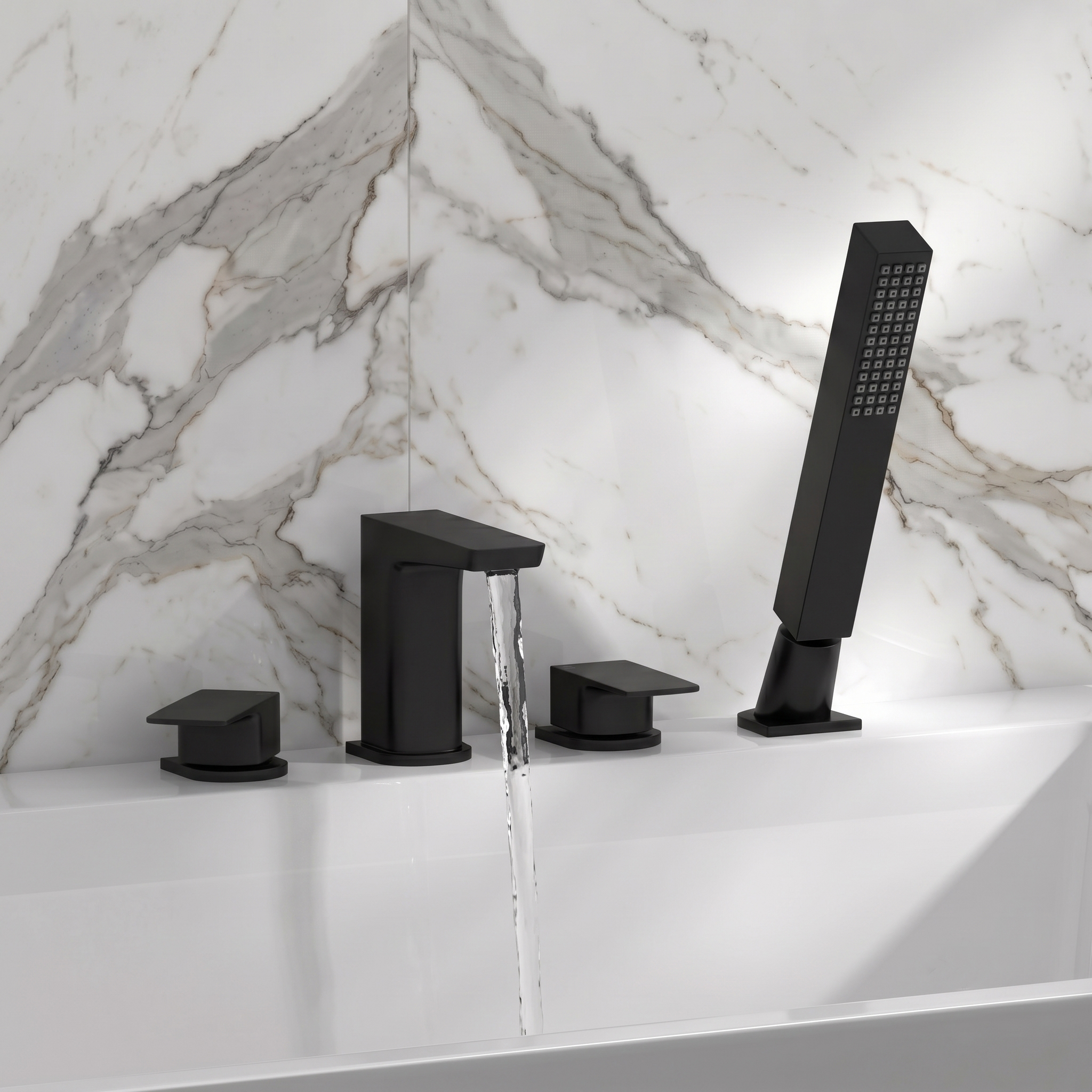 Harbour Status Matt Black 4 Hole Bath Mixer with Pull Out Handset