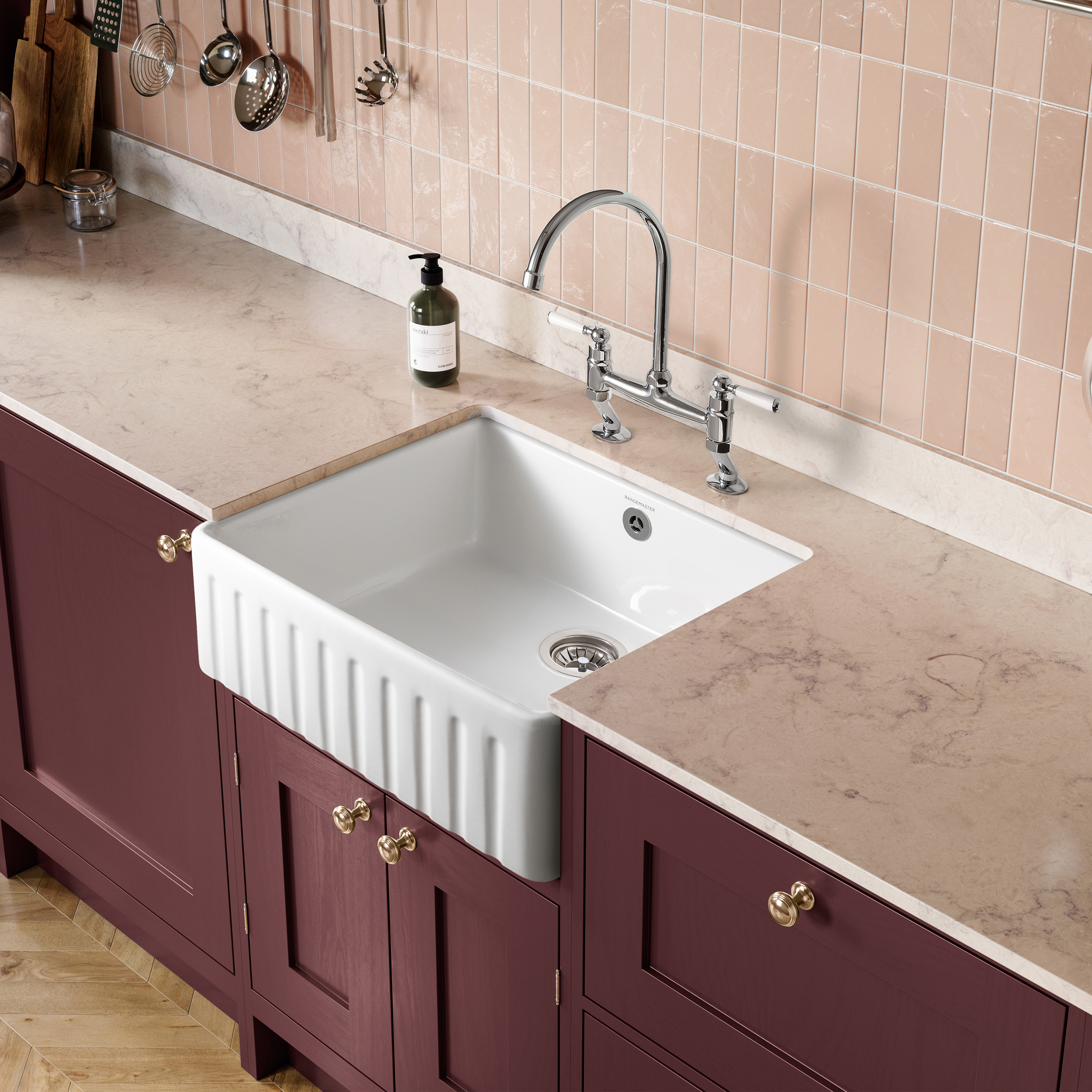 Rangemaster Harmony Fluted 1 Bowl White Fireclay Ceramic Sit On Belfast Sink & Waste Kit - 595 x 450mm