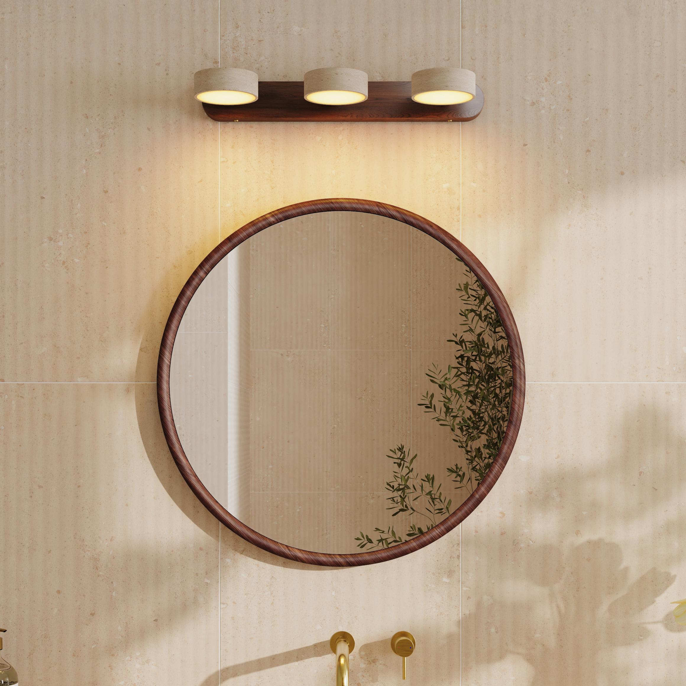 Alfie Wood Framed Mirror with Trio Stone Wall Light in Dark Wood
