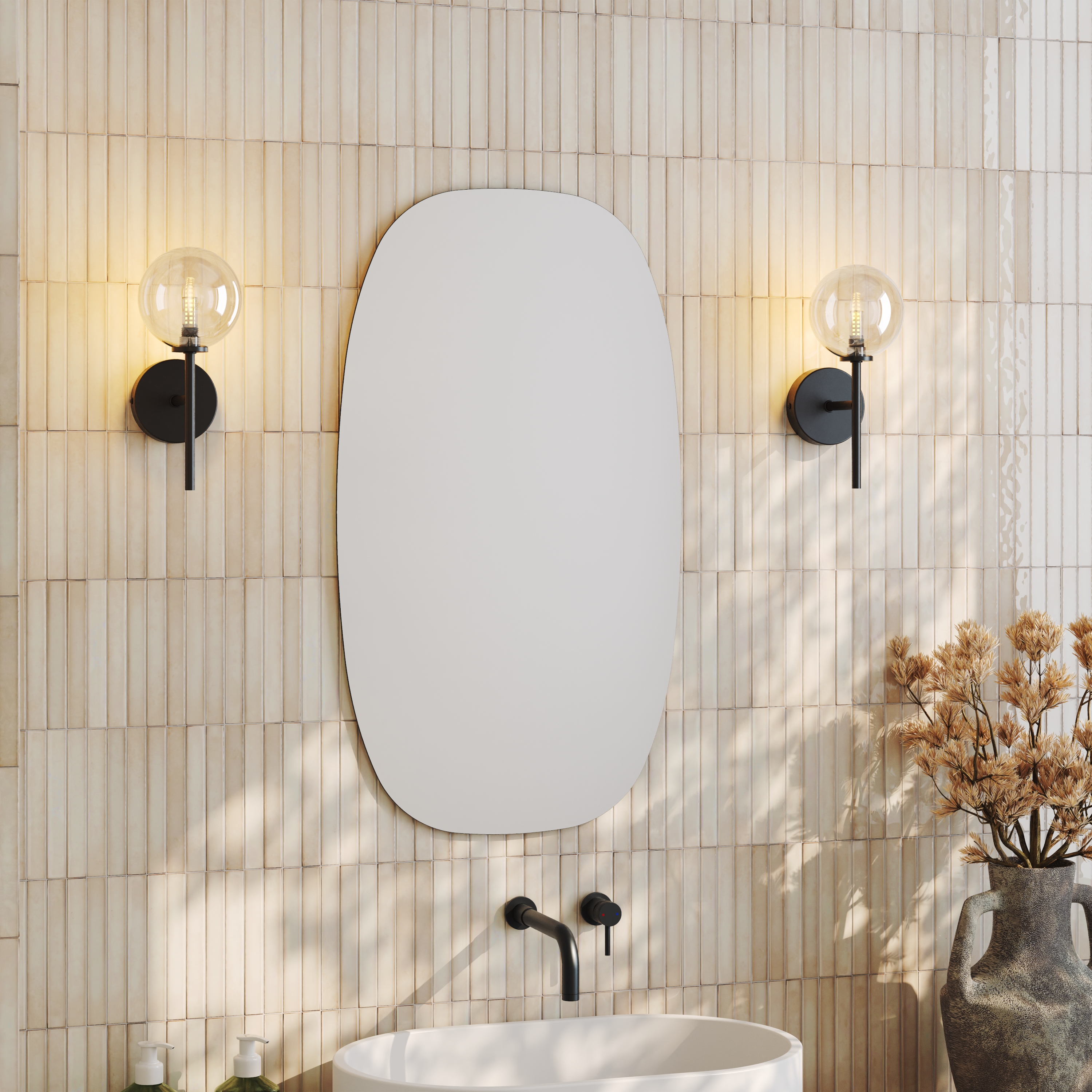 Arc Barrel Mirror with Set Of 2 Glass Globe Wall Lights