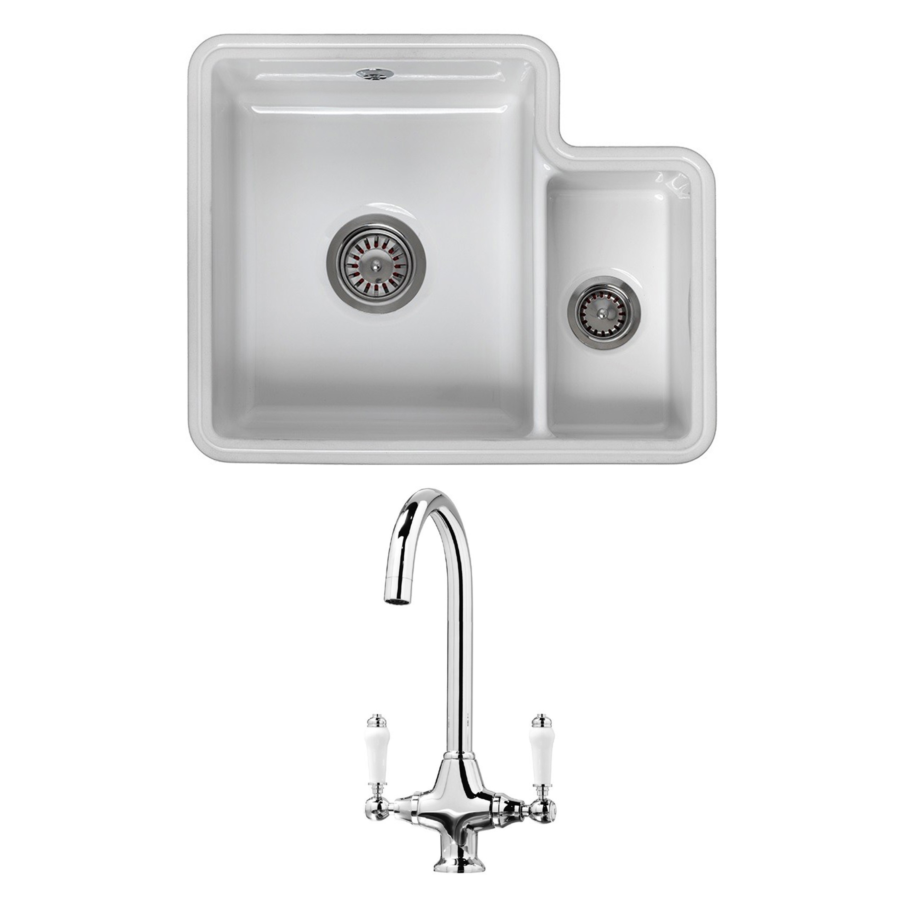 Reginox Tuscany 1.5 Bowl Undermount Ceramic Sink & Waste and Butler & Rose Victoria Traditional Mono Kitchen Mixer Tap