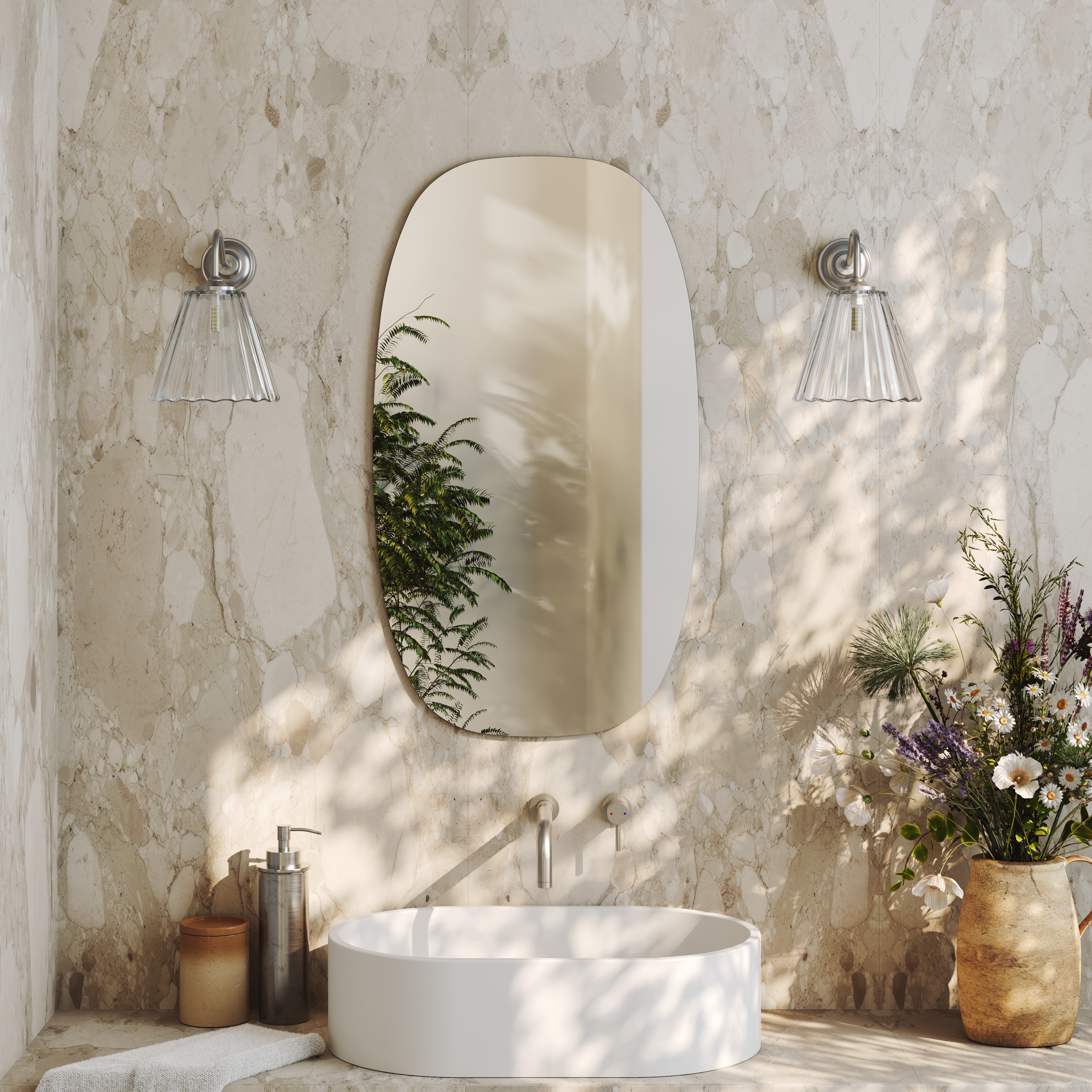 Arc Barrel Mirror with Set Of 2 Fluted Glass Wall Shade Lights