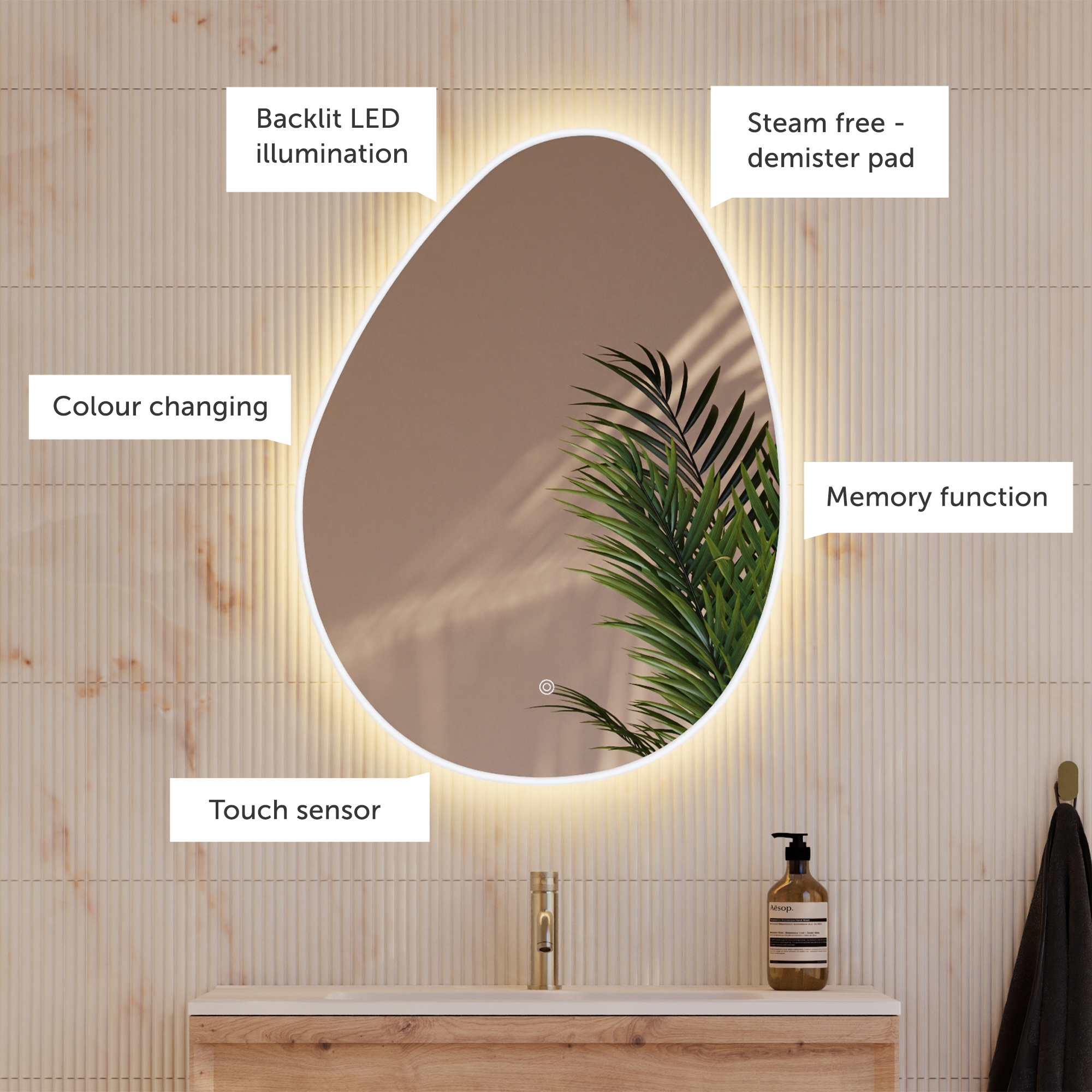 Organics Pebble LED illuminated Mirror with Demister Pad & Colour Change Lights - 600 x 800mm