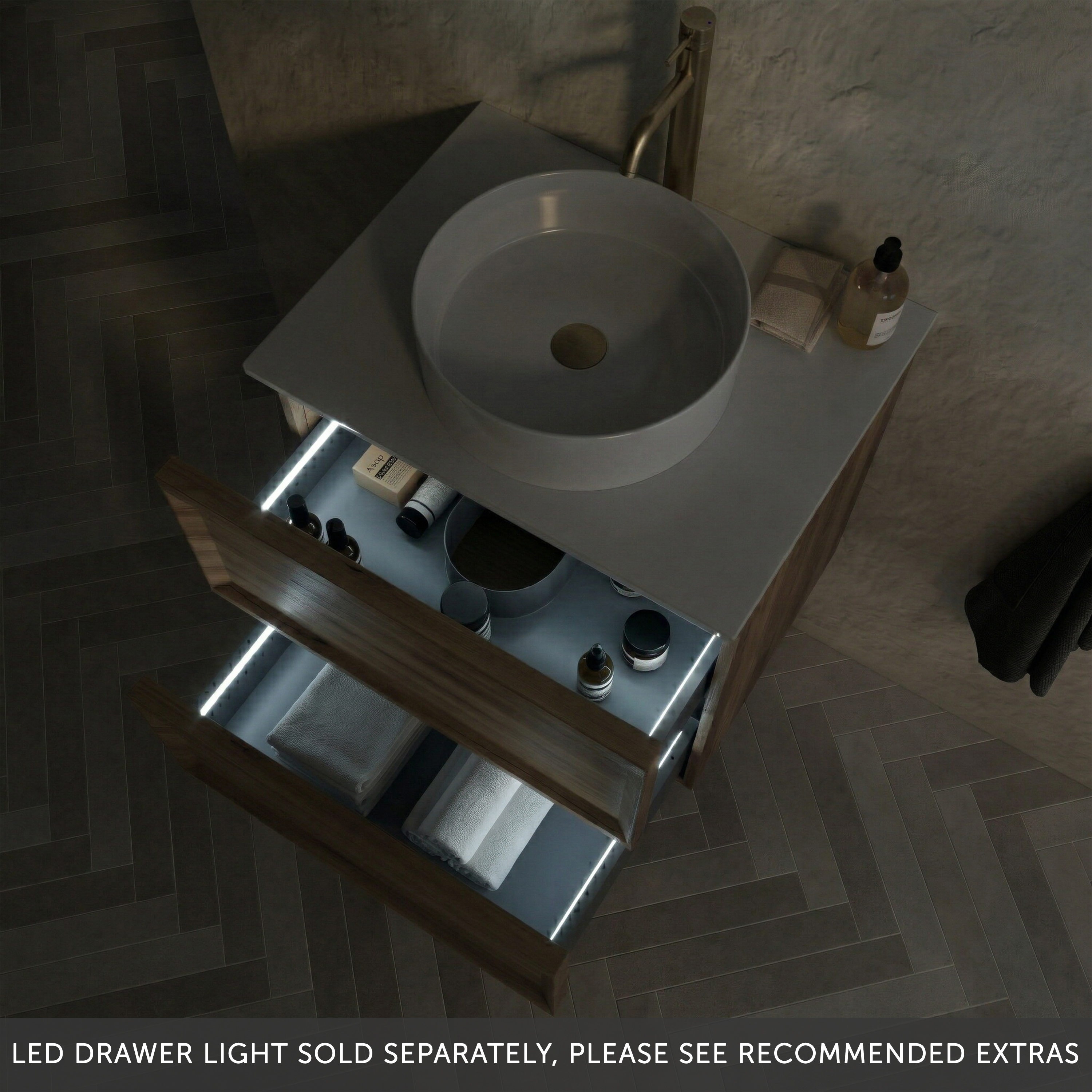 Aura 600mm Wall Mounted Natural Oak Vanity Unit & Sintered Stone Countertop