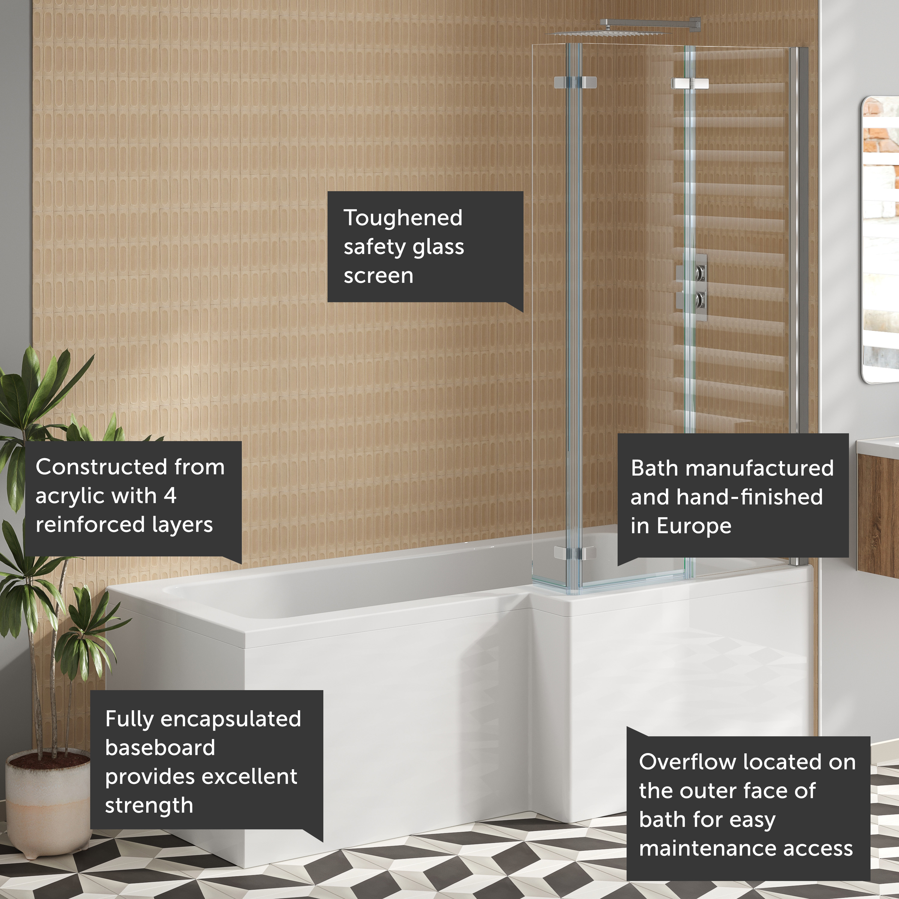 Armourcast Reinforced L Shape Single Ended Bath with Panel & Shower Screen - 1700 x 700