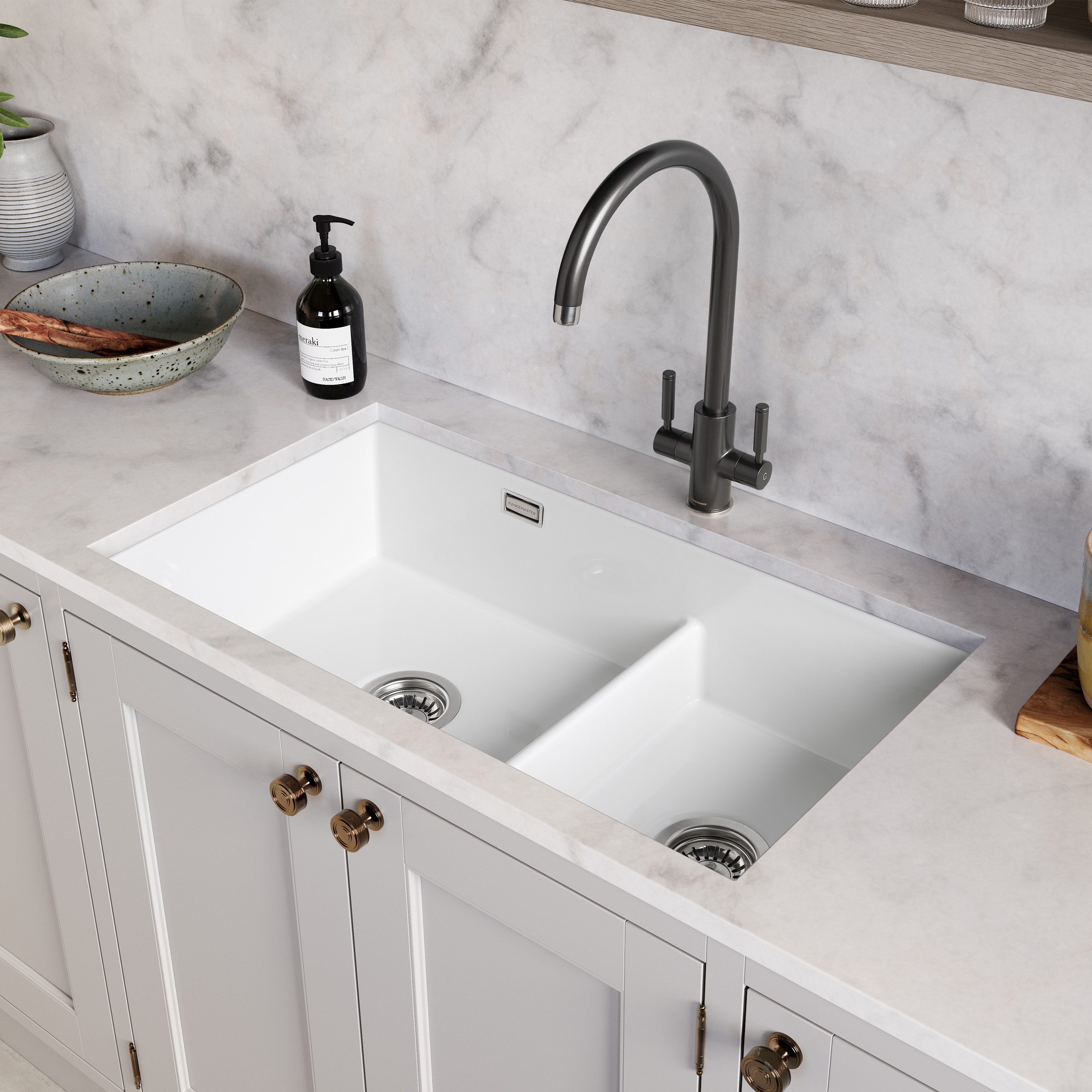 Rangemaster Rustique 2 Bowl Inset/Undermount Fireclay White Ceramic Kitchen Sink & Waste Kit - 796 x 462mm