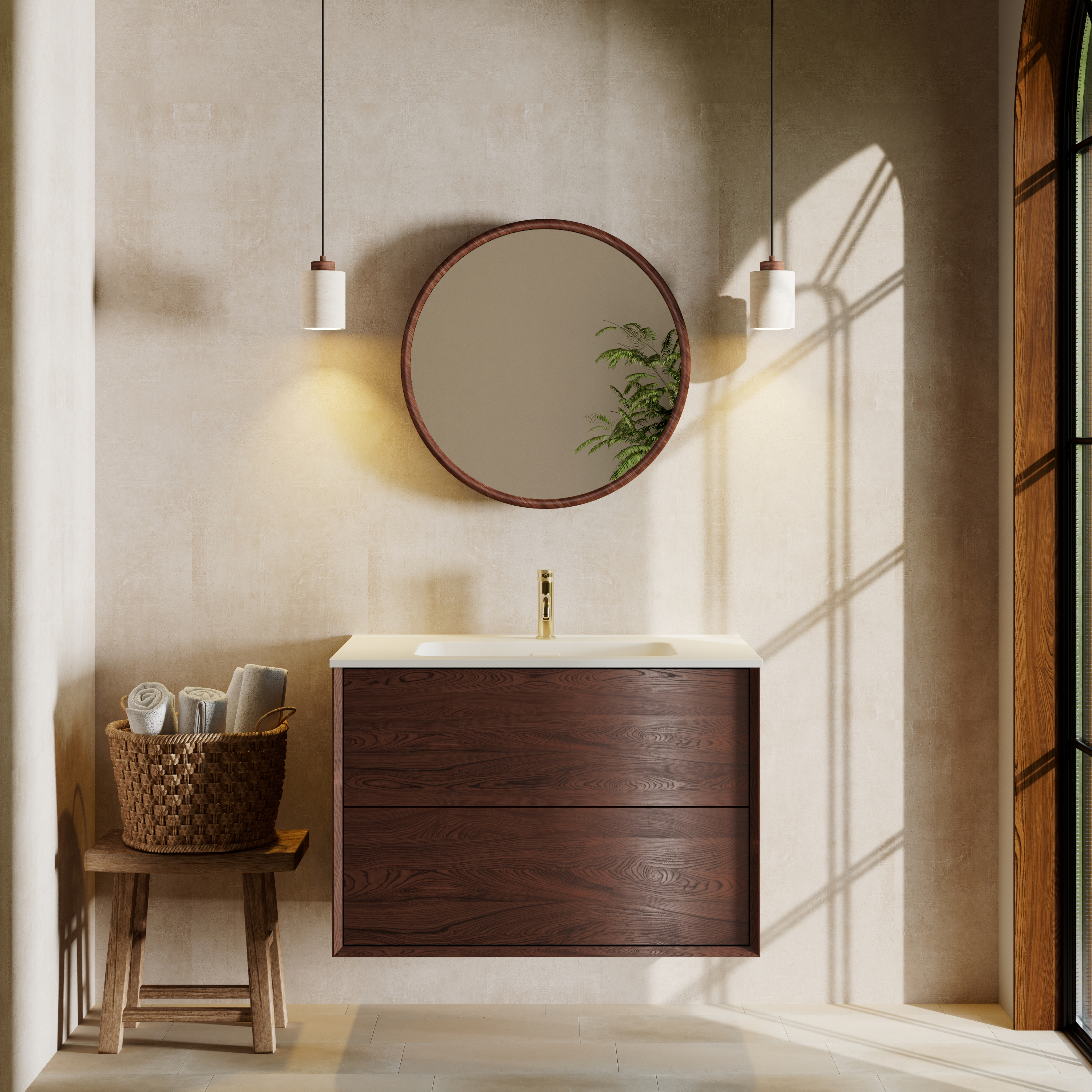 Drench Alfie Round Wood Effect Framed Mirror - 600mm