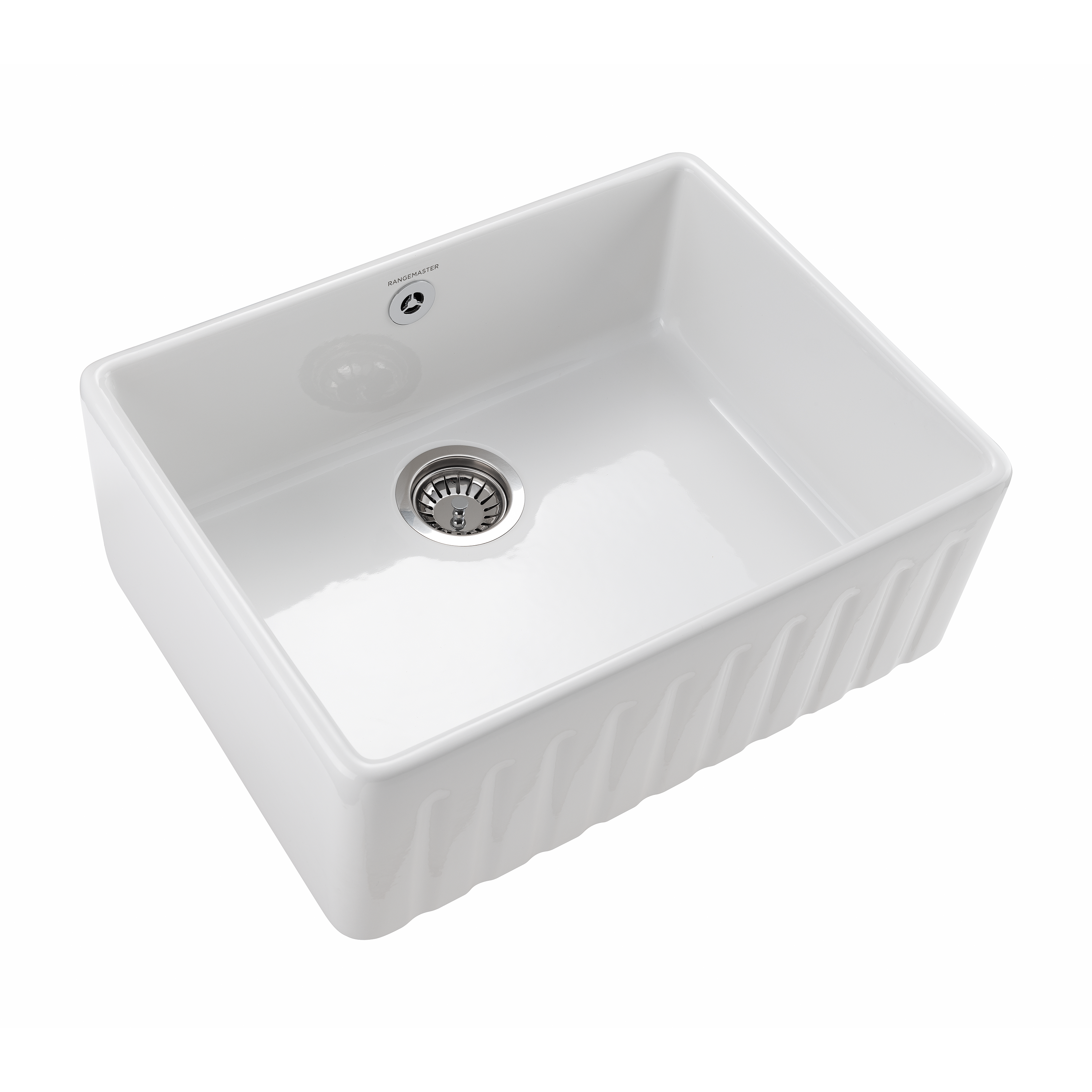 Rangemaster Harmony Fluted 1 Bowl White Fireclay Ceramic Sit On Belfast Sink & Waste Kit - 595 x 450mm