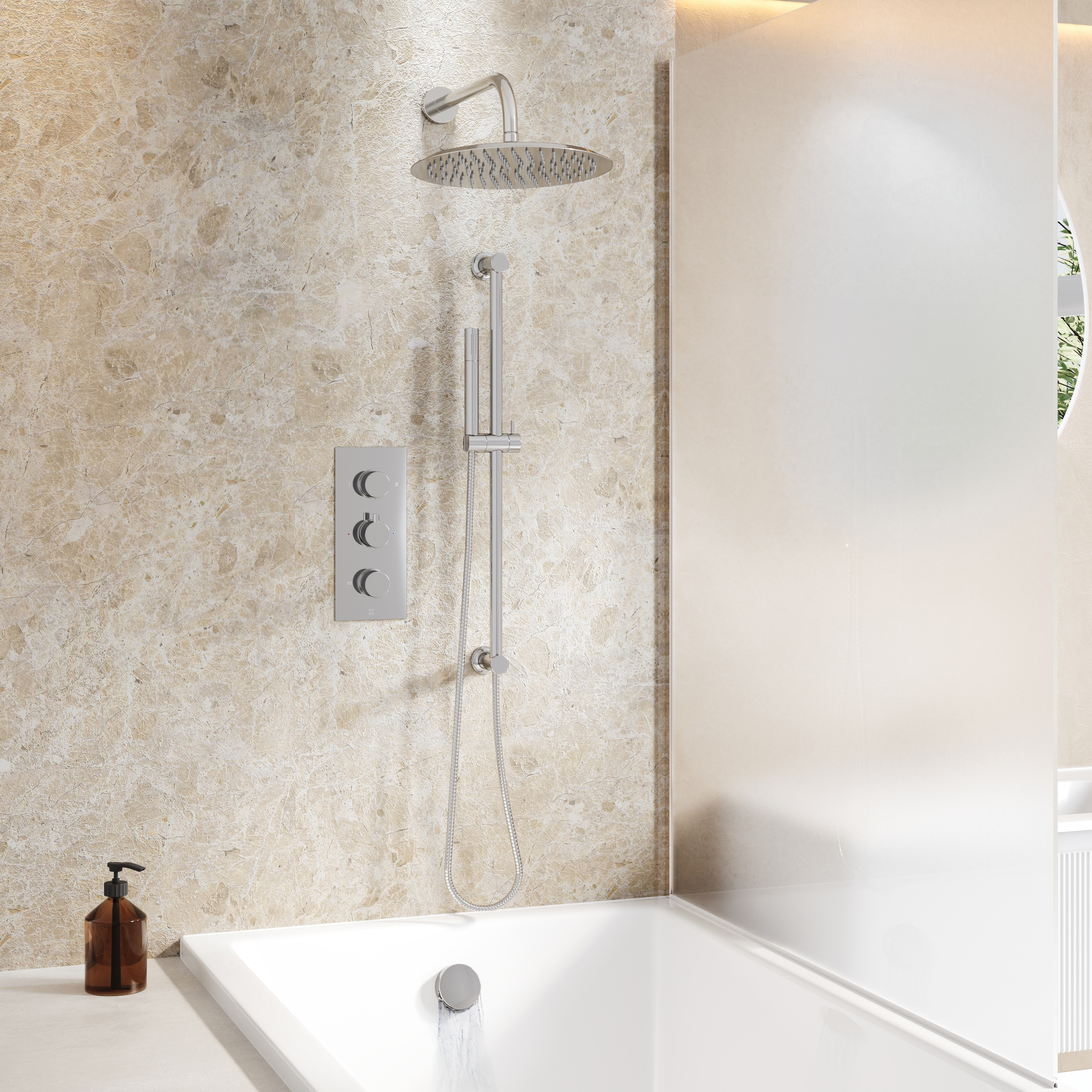 Core Shower Package with 3 Outlet Portrait Concealed Valve, Fixed Shower Head, Slide Rail Kit & Overflow Bath Filler