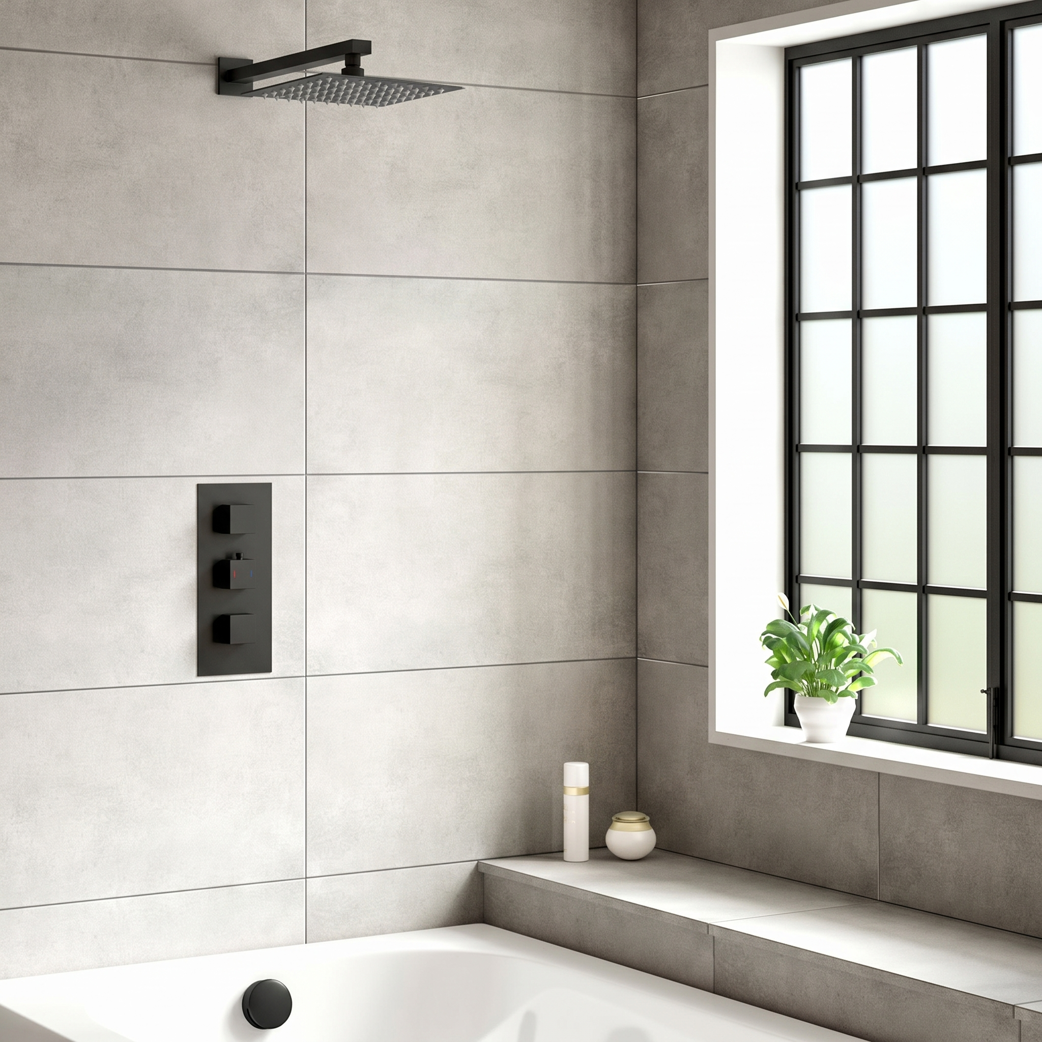 Harbour Status Matt Black Concealed Shower Valve, Fixed Wall Mounted Head & Overflow Bath Filler