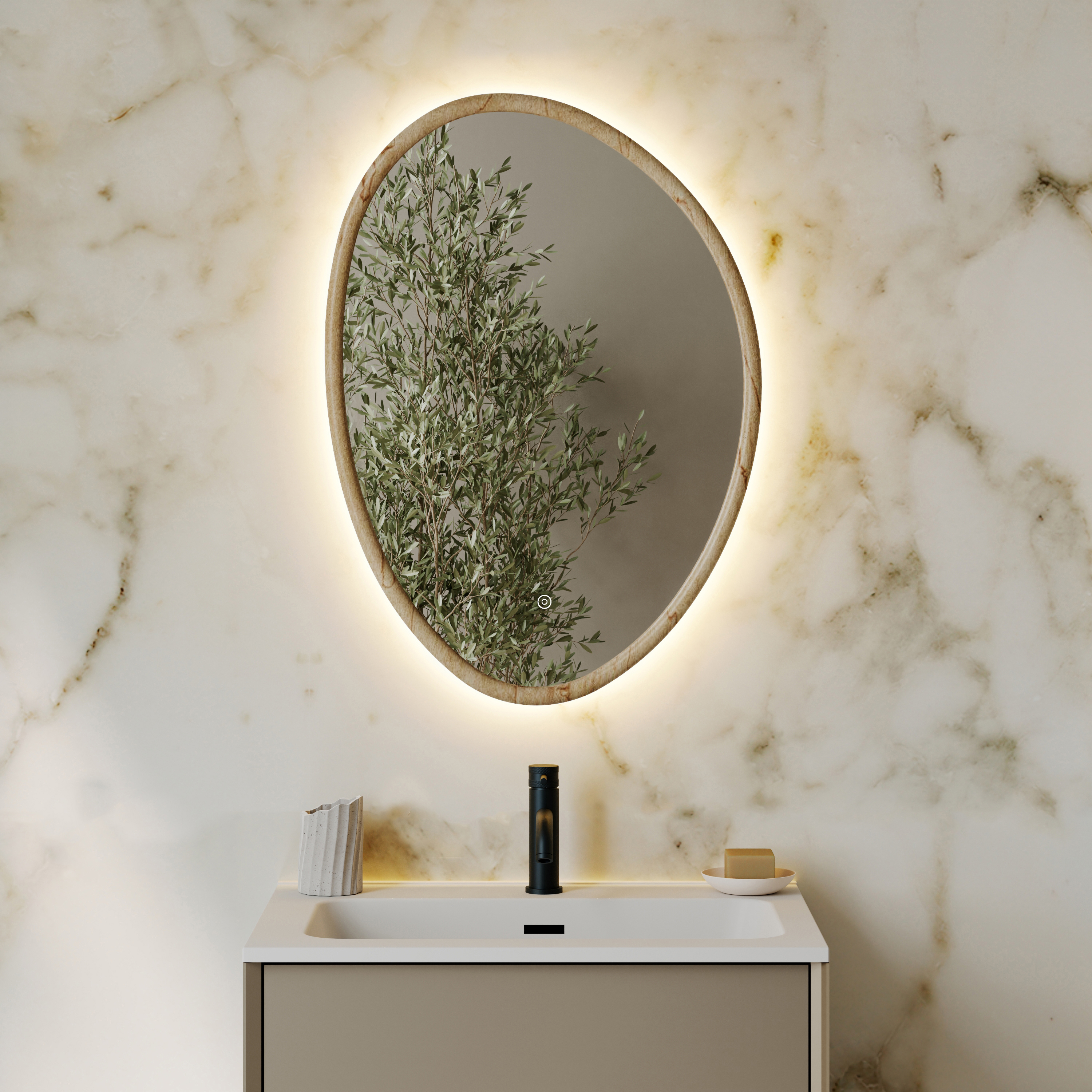 Siena LED Illuminated Stone Effect Framed Mirror with Demister Pad & Colour Change Lights - 500 x 700mm
