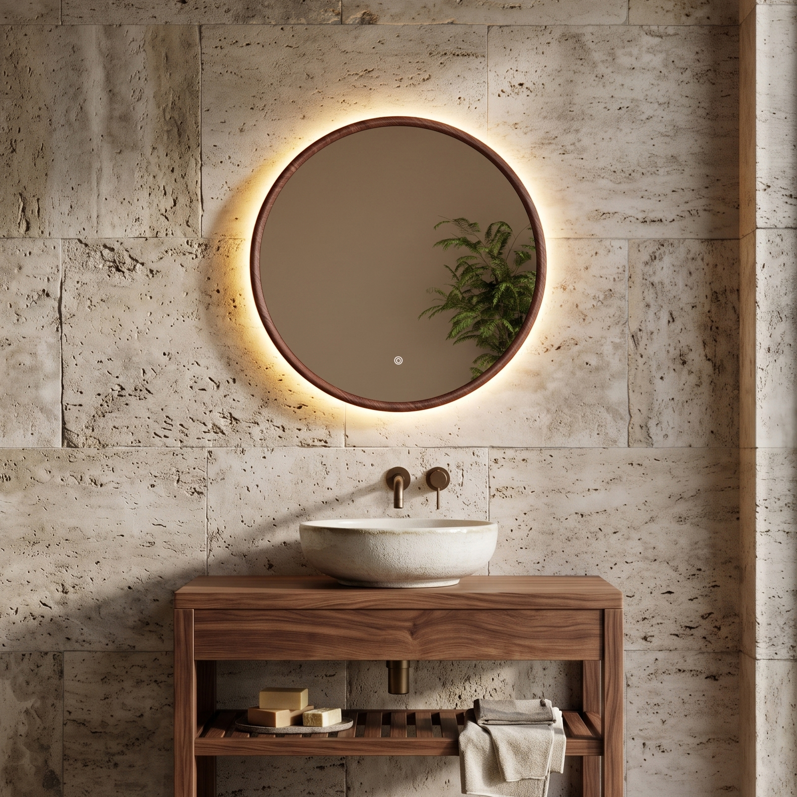 Drench Alfie LED Illuminated Wood Effect Framed Mirror with Demister Pad & Colour Change Lights - 600mm