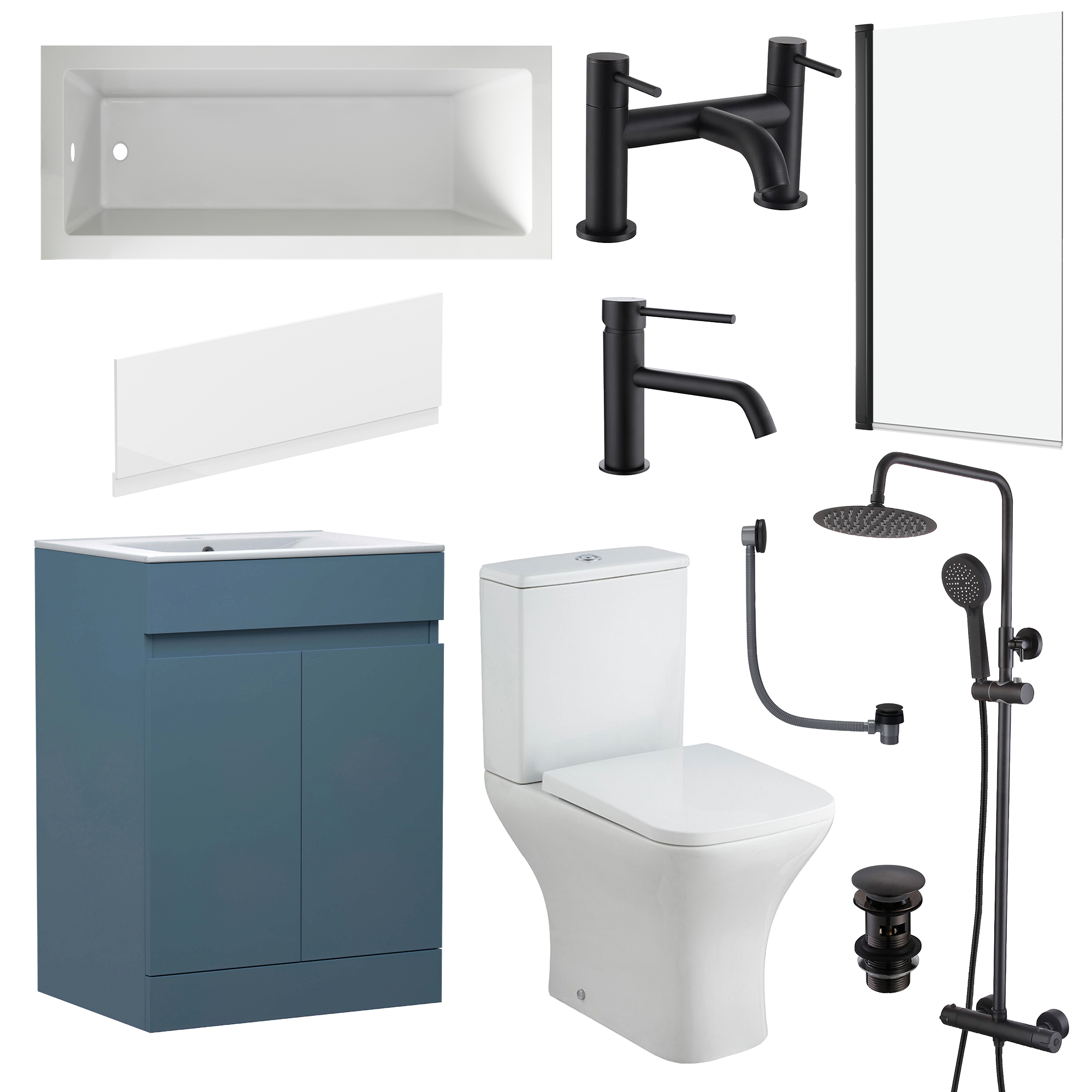 Dylan Complete Matt Black Bathroom Suite with Reinforced Shower Bath & Rimless Toilet