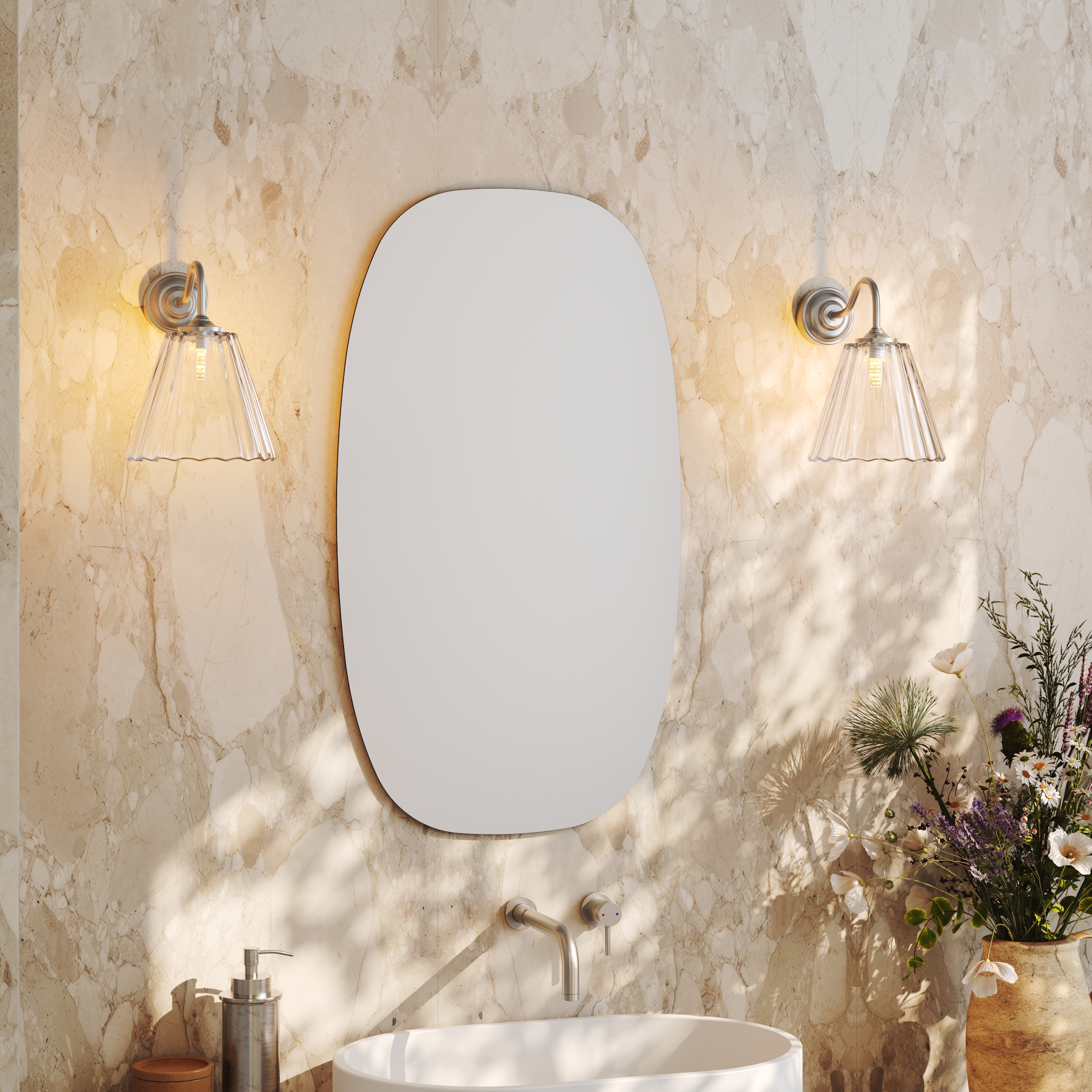 Arc Barrel Mirror with Set Of 2 Fluted Glass Wall Shade Lights