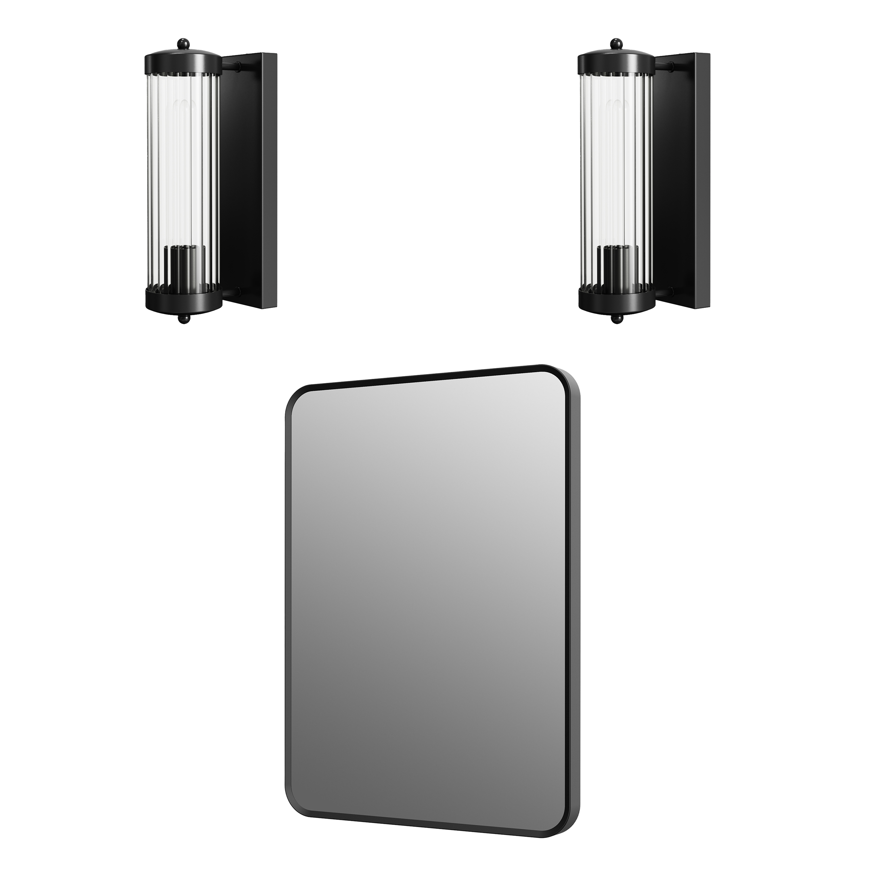 Finn Matt Black Framed Mirror with Set Of 2 Fluted Lantern Wall Lights