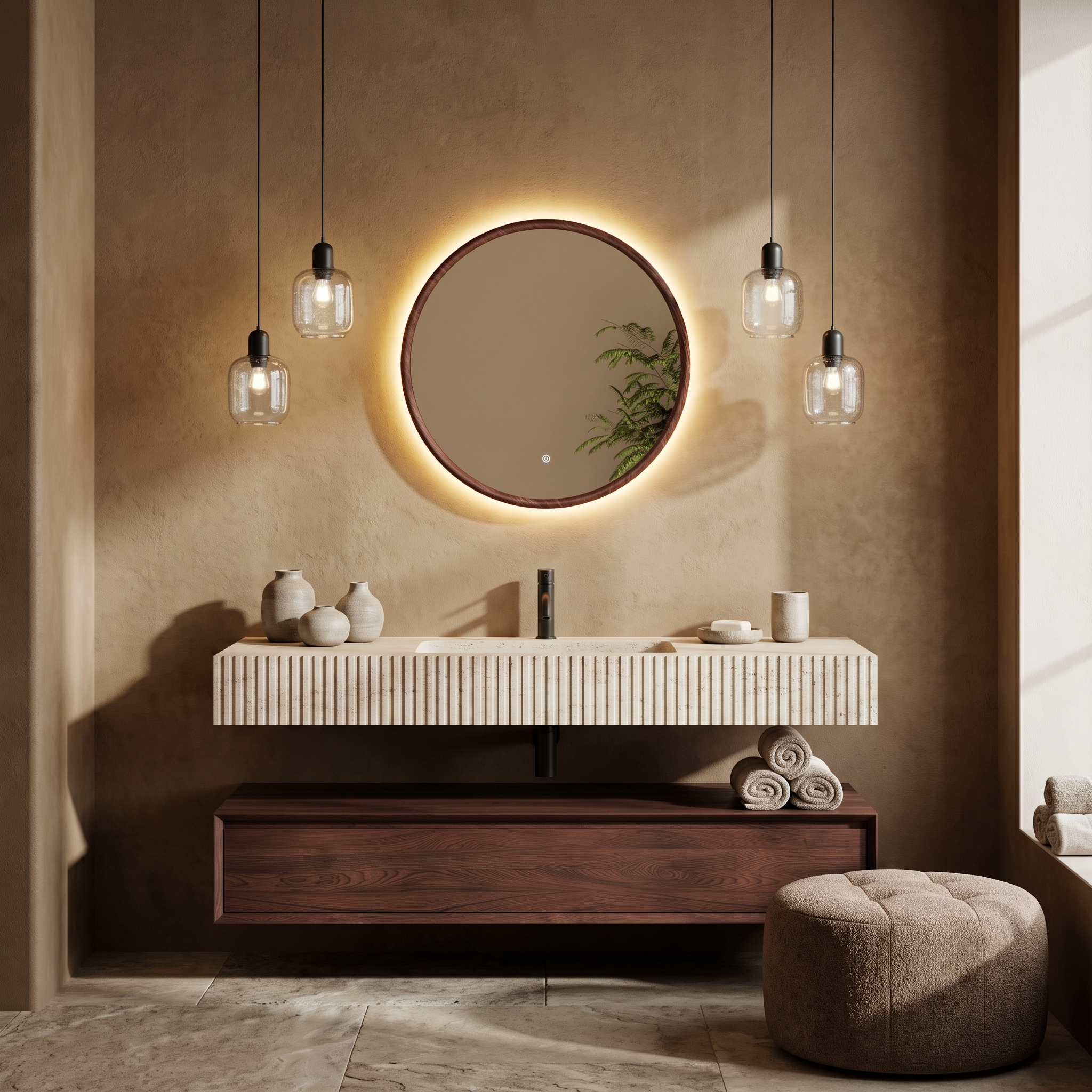 Drench Alfie LED Illuminated Wood Effect Framed Mirror with Demister Pad & Colour Change Lights - 600mm