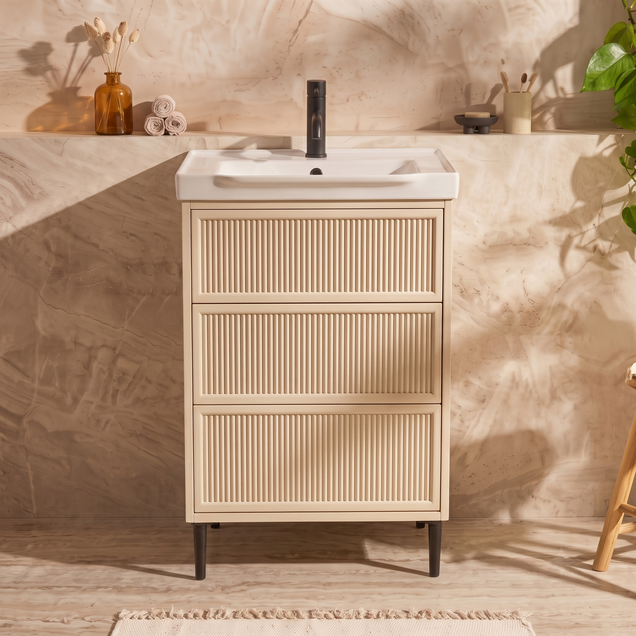Elara 500mm Floorstanding Stone Fluted Vanity Unit & Basin with Leg Set