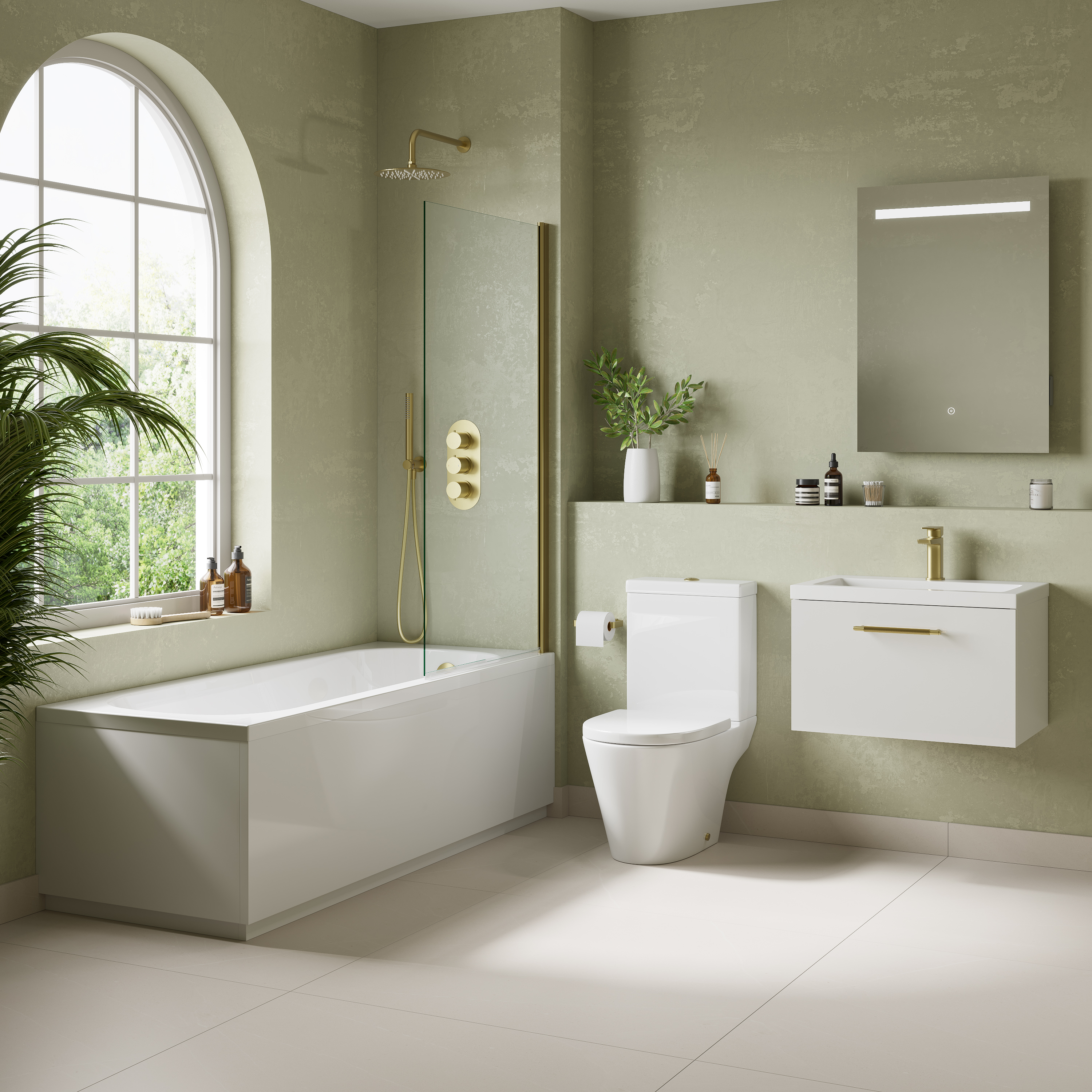Freddie Brushed Brass Reinforced Shower Bath Suite with Rimless Toilet