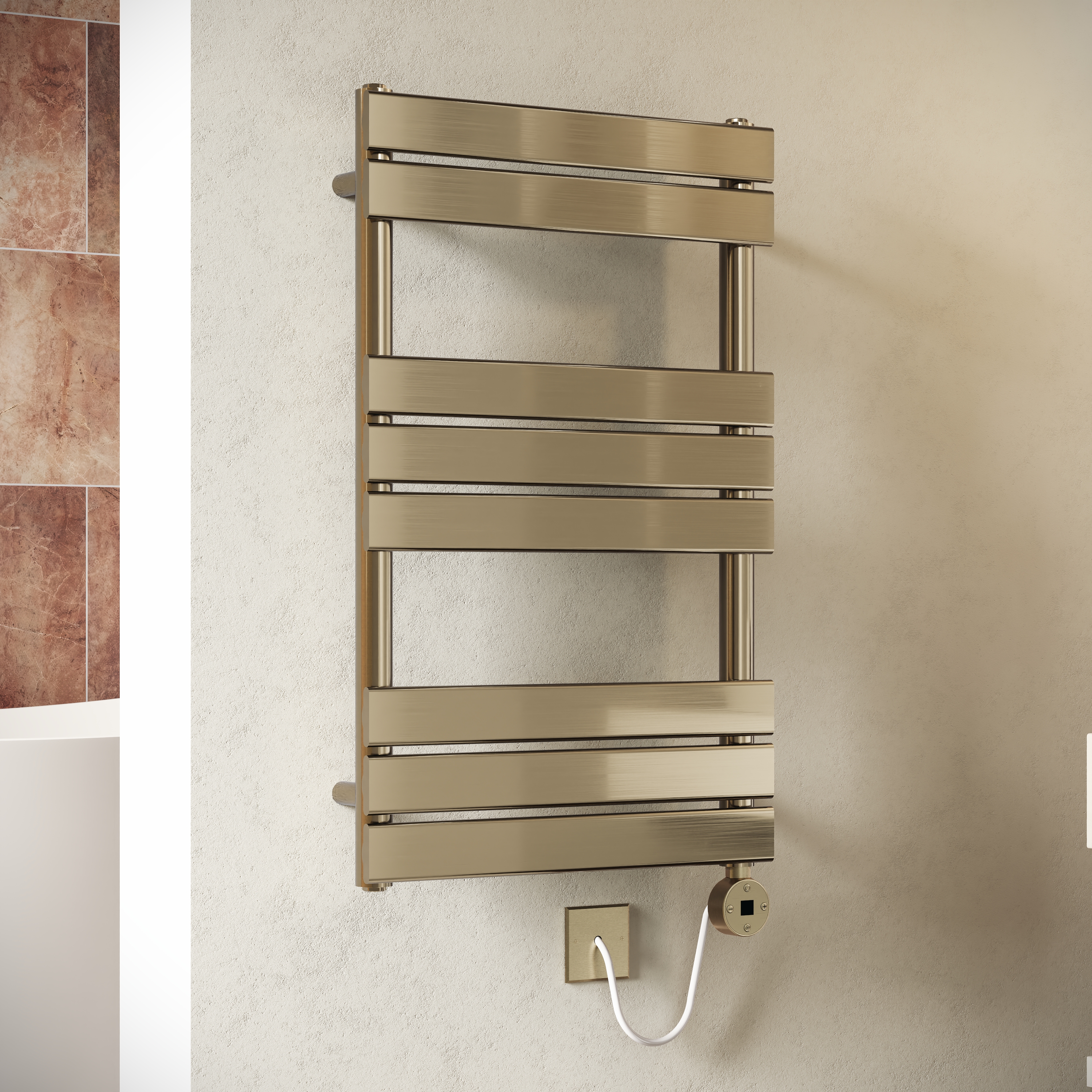 Toasty Hush Brushed Brass Electric Flat Panel Heated Towel Rail with Heating Element