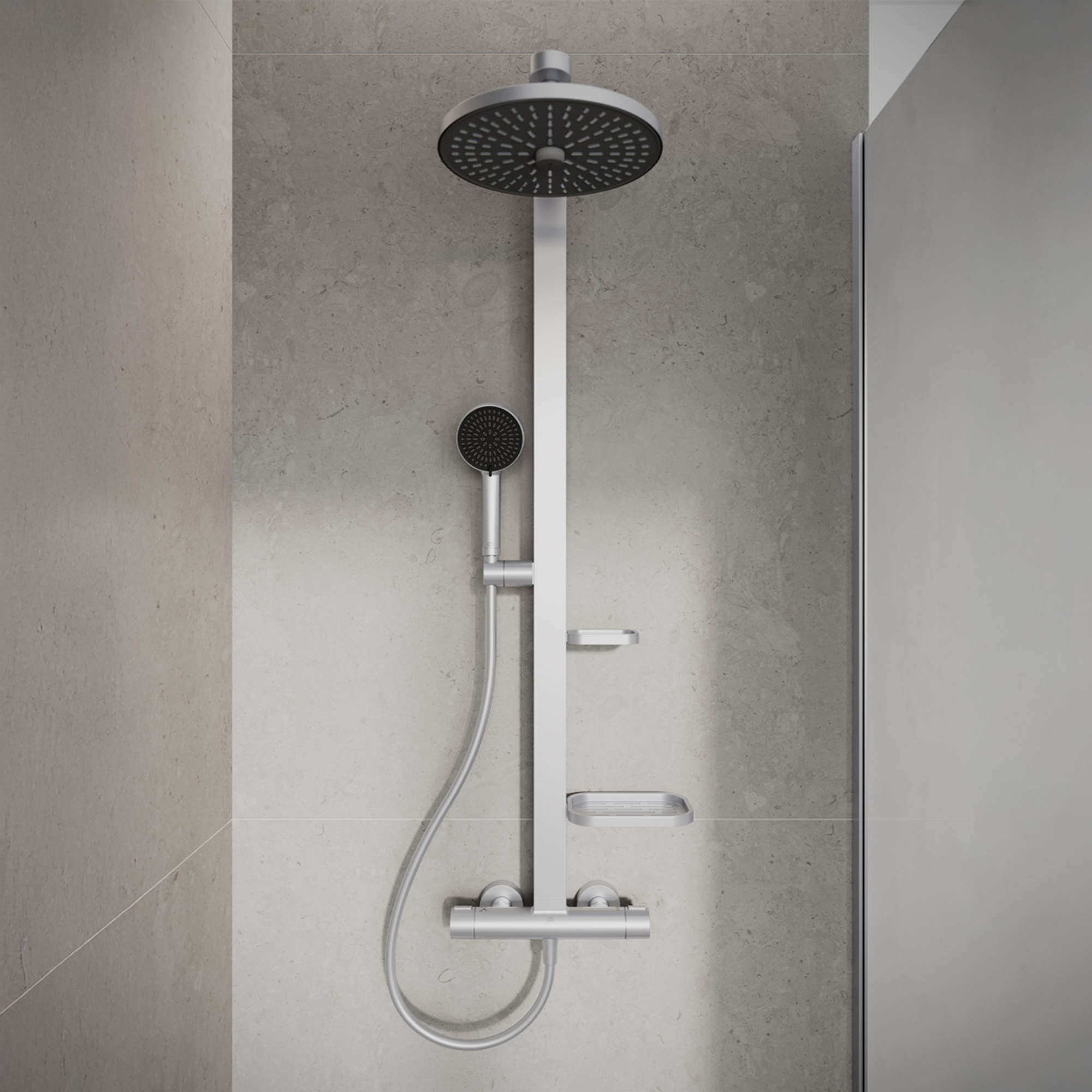 Ideal Standard Ceratherm Alu+ Exposed Thermostatic Shower Kit with Multi-Function Shower Head, Handset & 2 Shelves