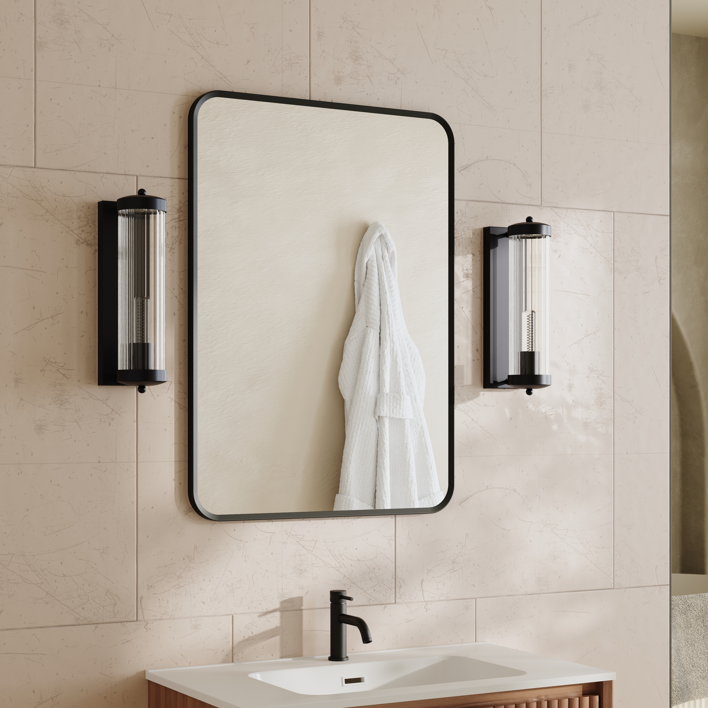 Finn Matt Black Framed Mirror with Set Of 2 Fluted Lantern Wall Lights
