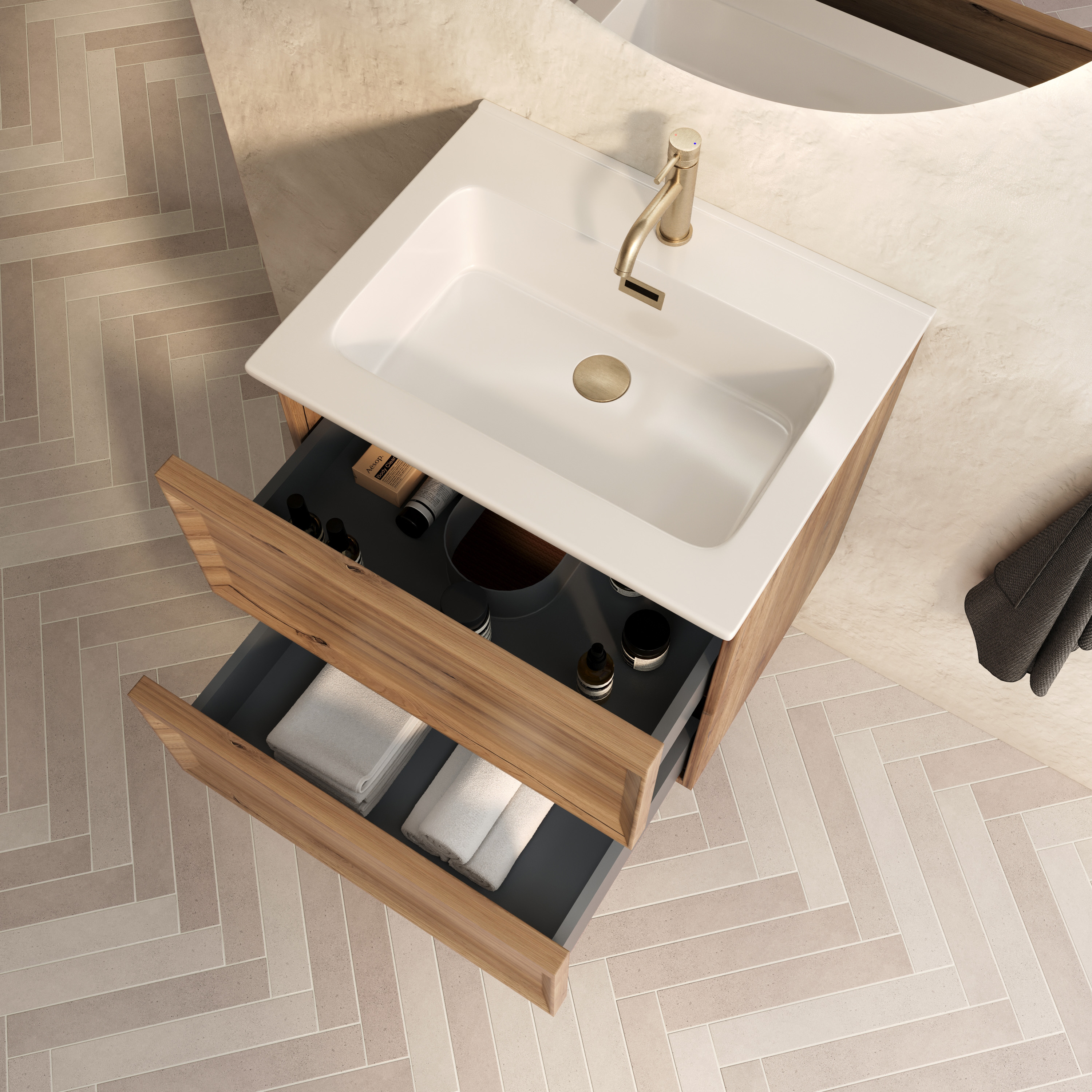 Aura 600mm Wall Mounted Natural Oak Vanity Unit & Matt White Basin