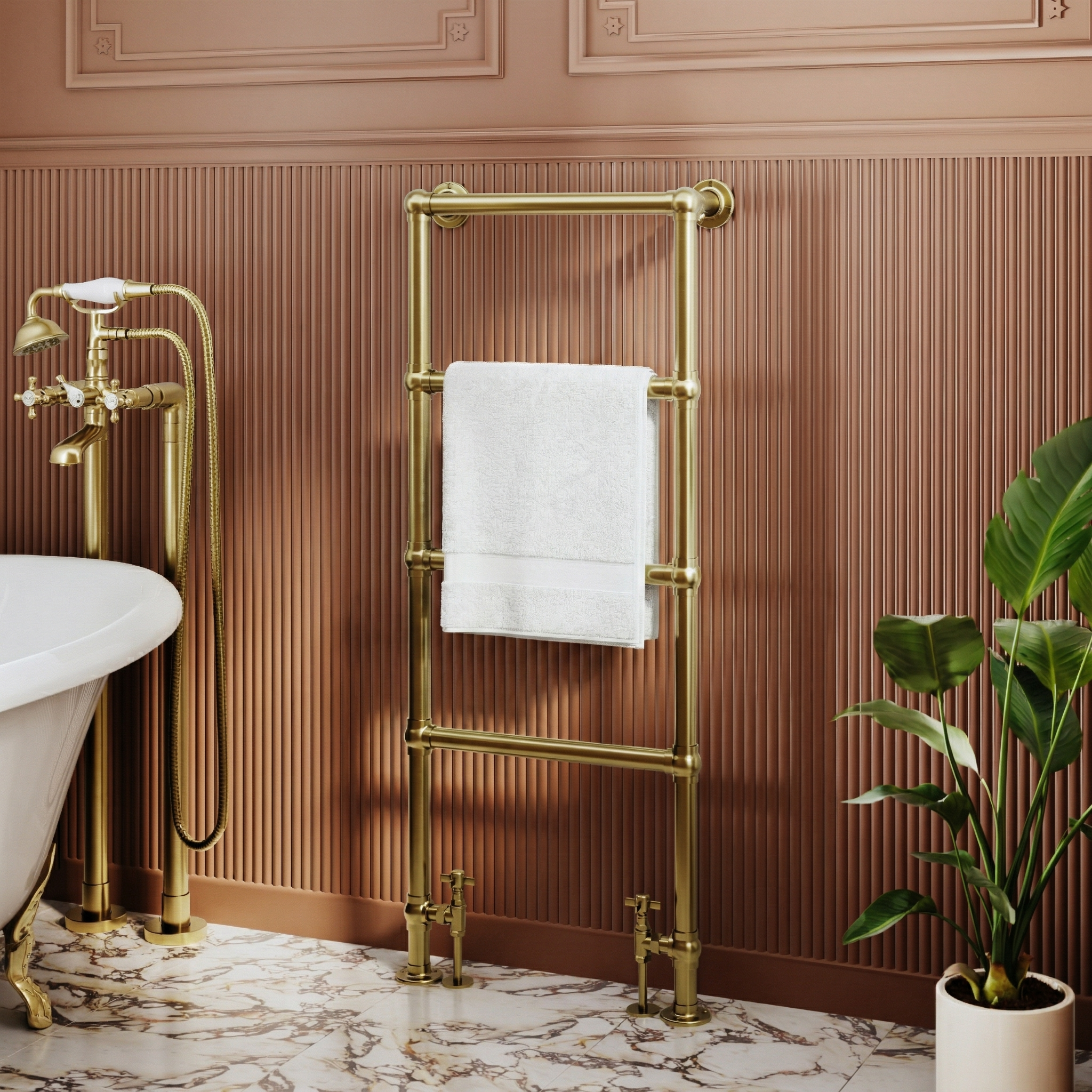 Toasty Merrin Brushed Brass Floorstanding Traditional Heated Towel Rail - 1195 x 500mm