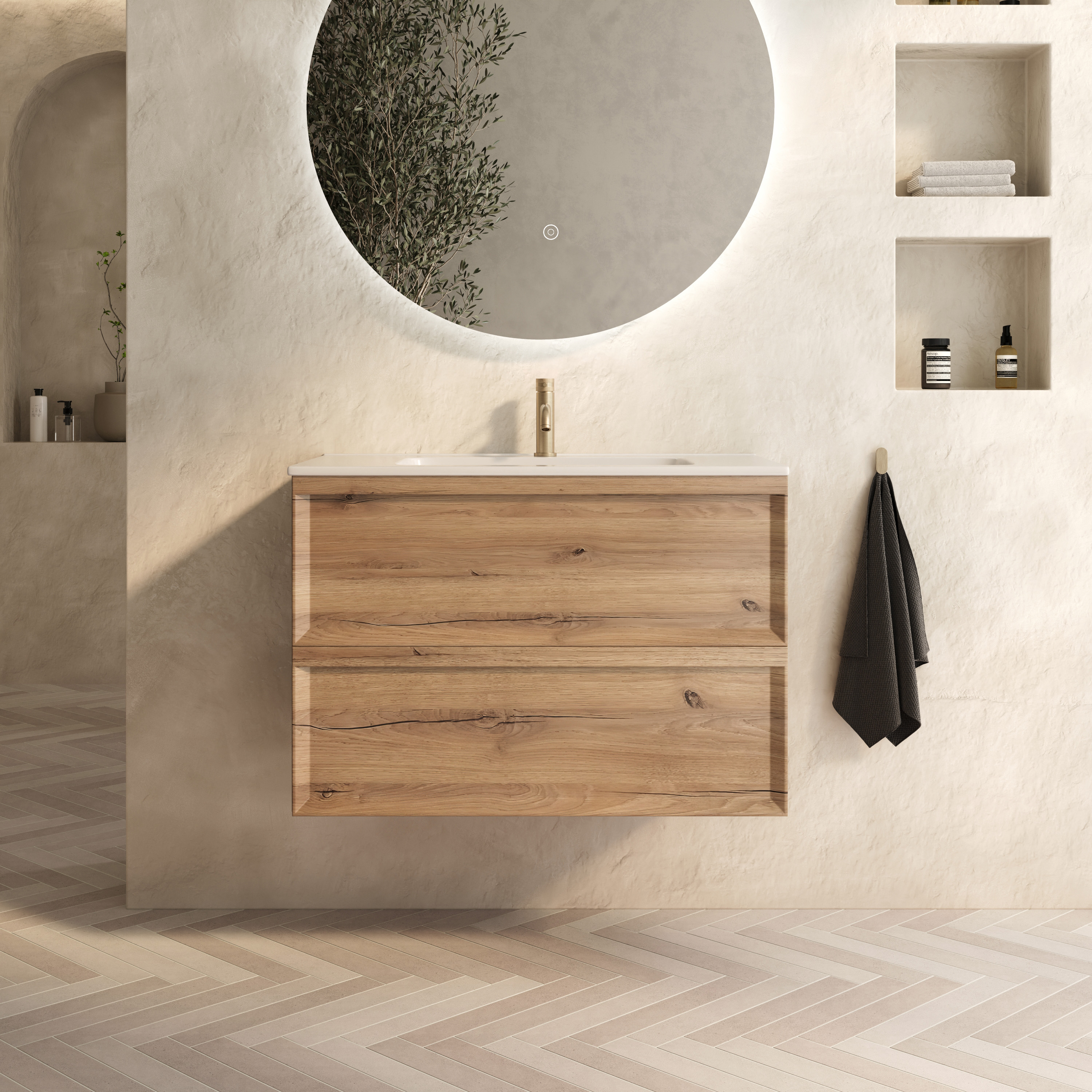 Aura 800mm Wall Mounted Natural Oak Vanity Unit & Matt White Basin