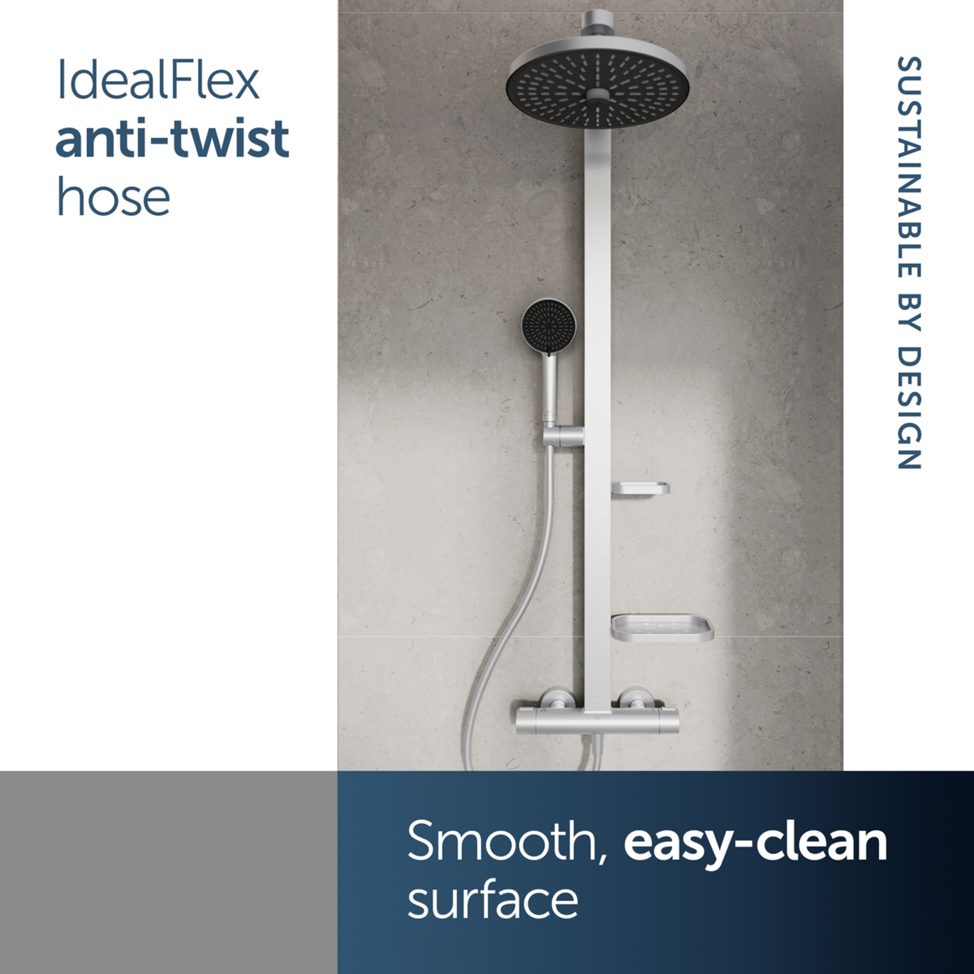 Ideal Standard Ceratherm Alu+ Exposed Thermostatic Shower Kit with Multi-Function Shower Head, Handset & 2 Shelves