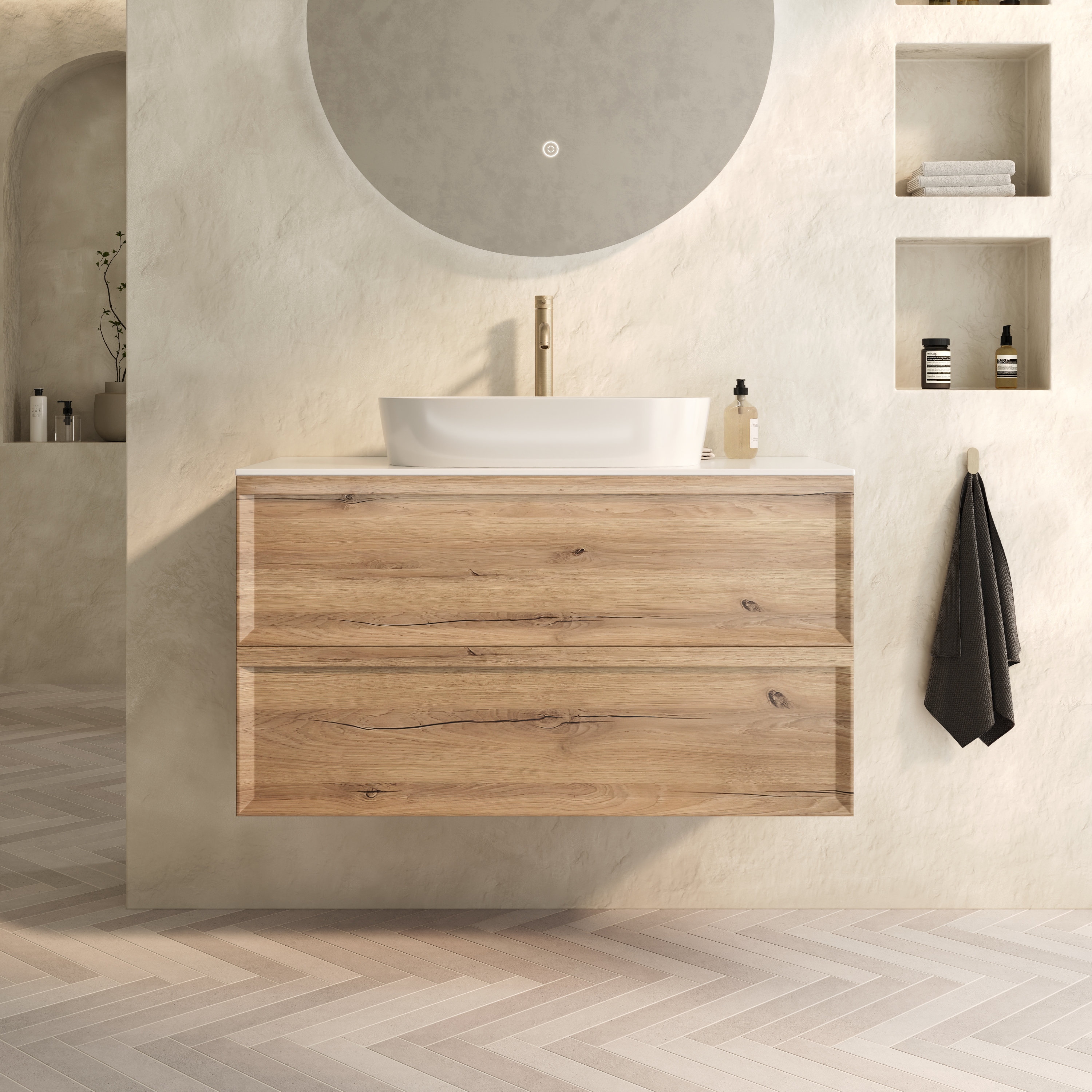 Aura 1000mm Wall Mounted Natural Oak Vanity Unit & Sintered Stone Countertop