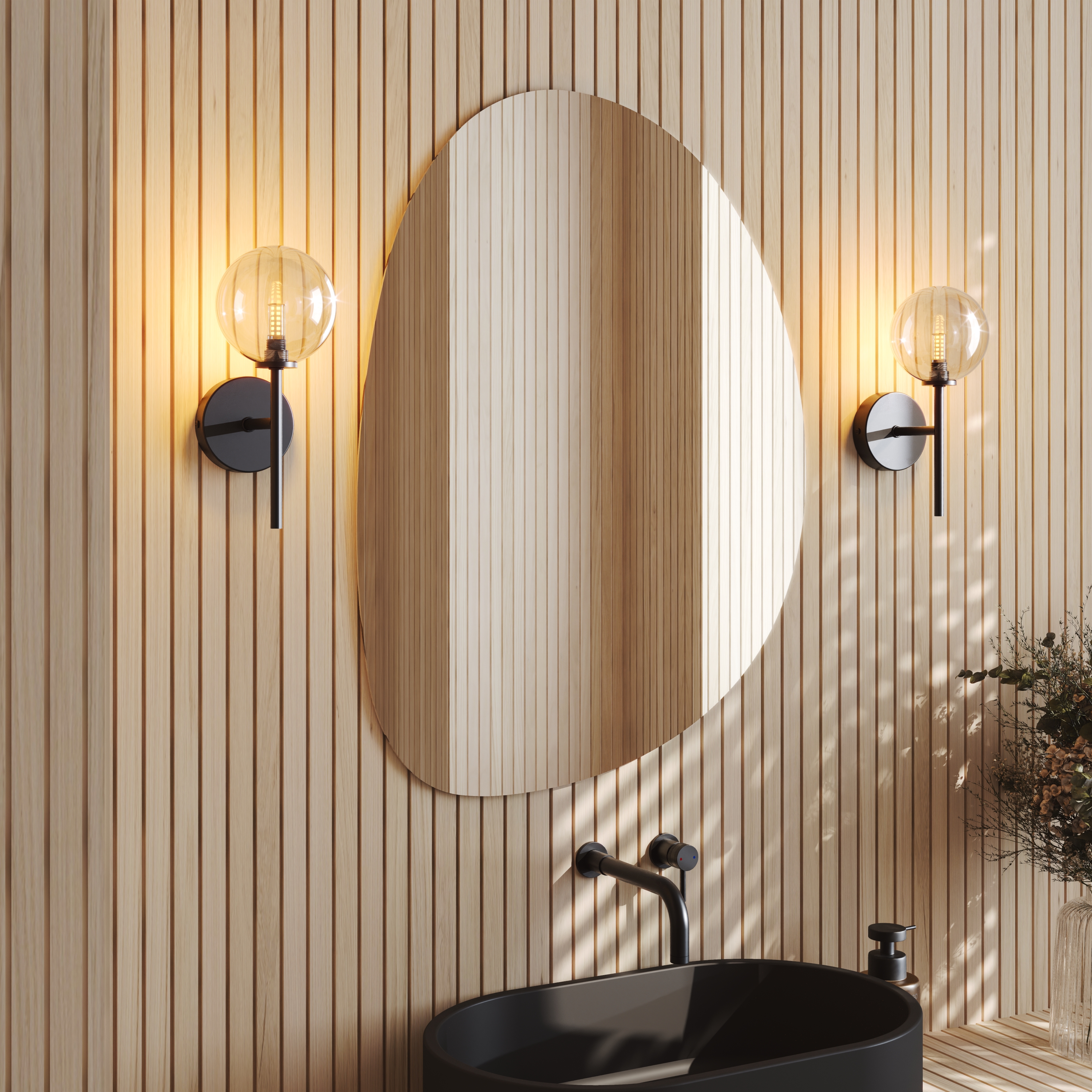 Organics Slim Mirror with Set Of 2 Glass Globe Wall Lights