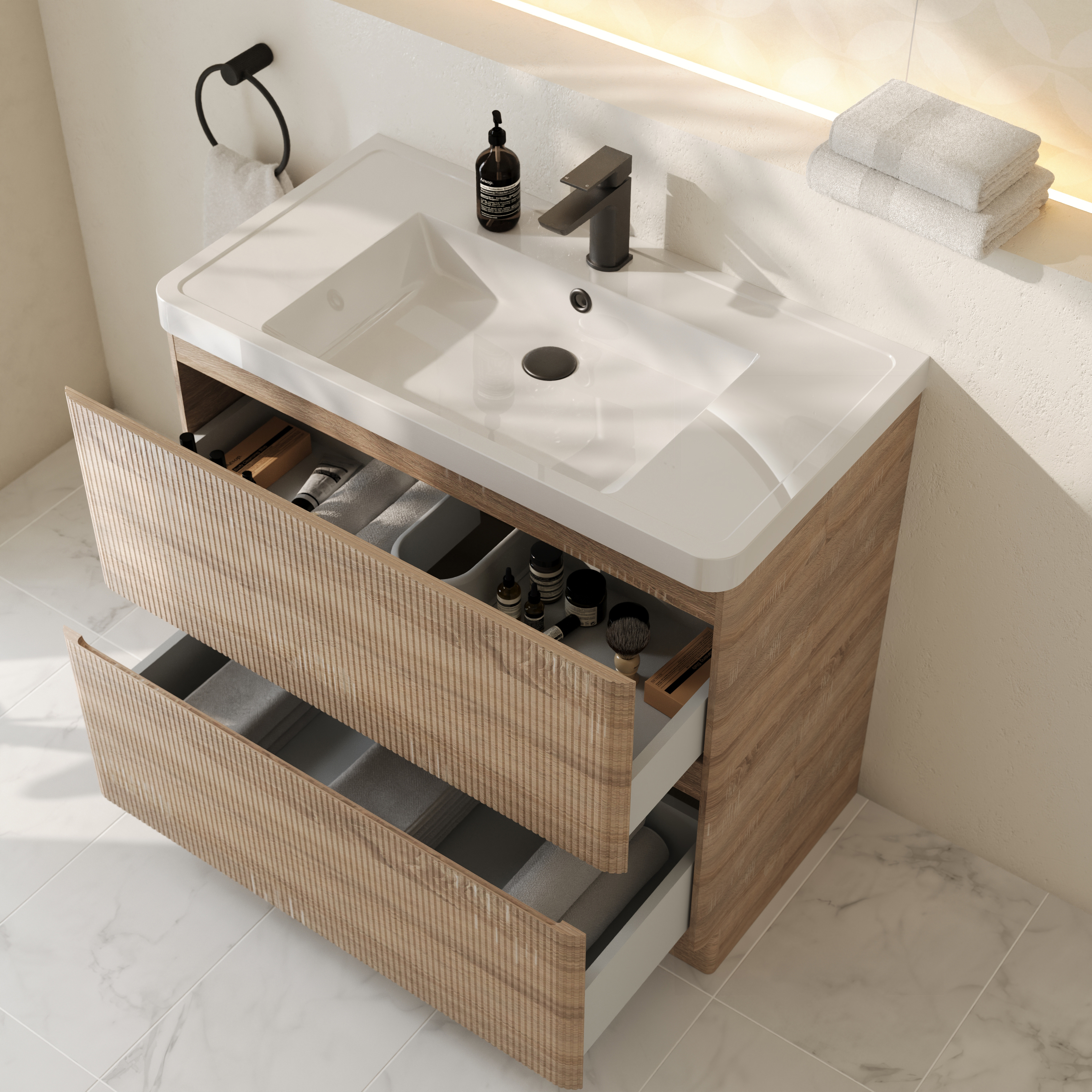 Drench Origin 900mm Light Oak Fluted Floorstanding Vanity Unit & Basin