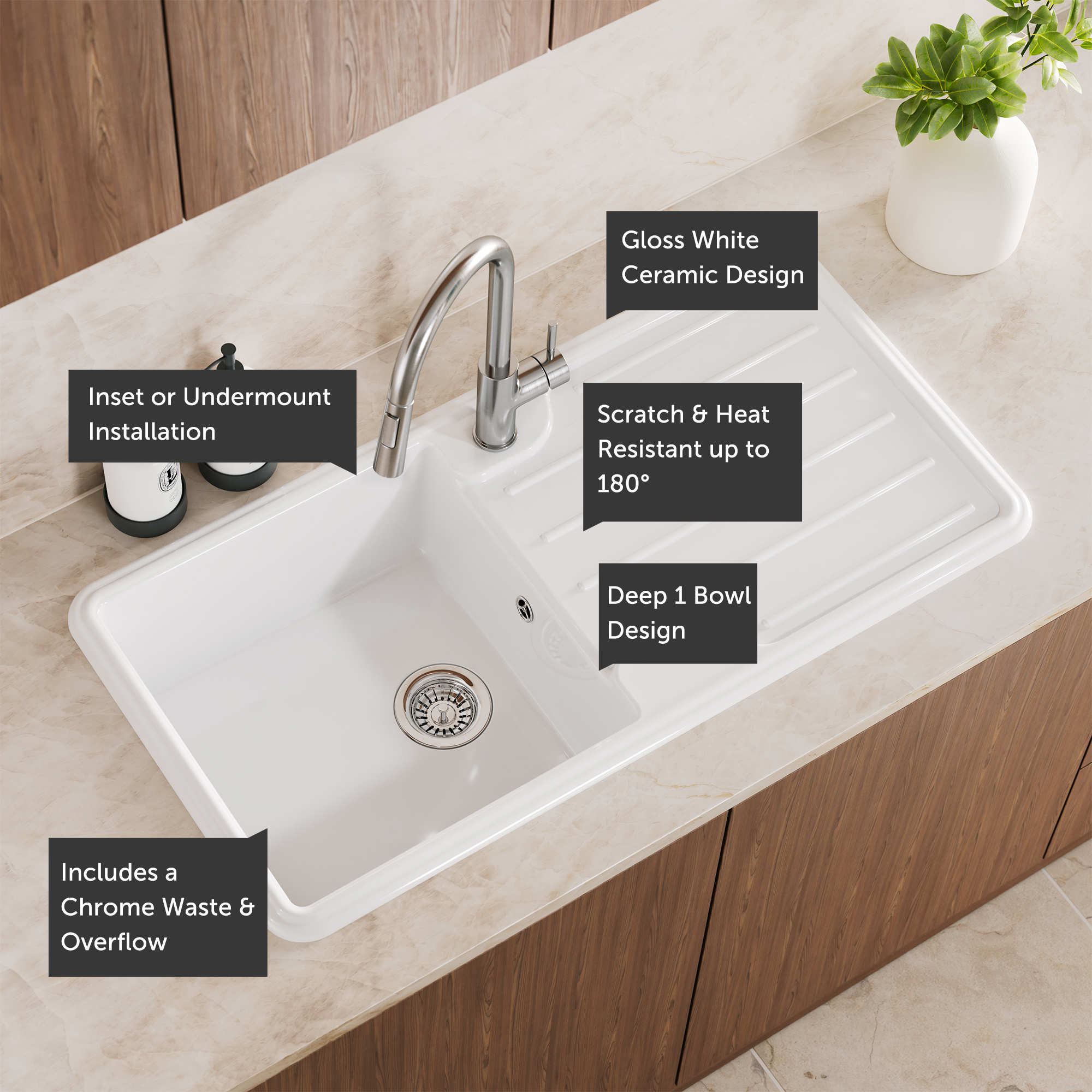 Vellamo Designer 1 Bowl Gloss White Traditional Comite Composite Inset Sink & Basket Strainer Waste - 1000 x 500mm