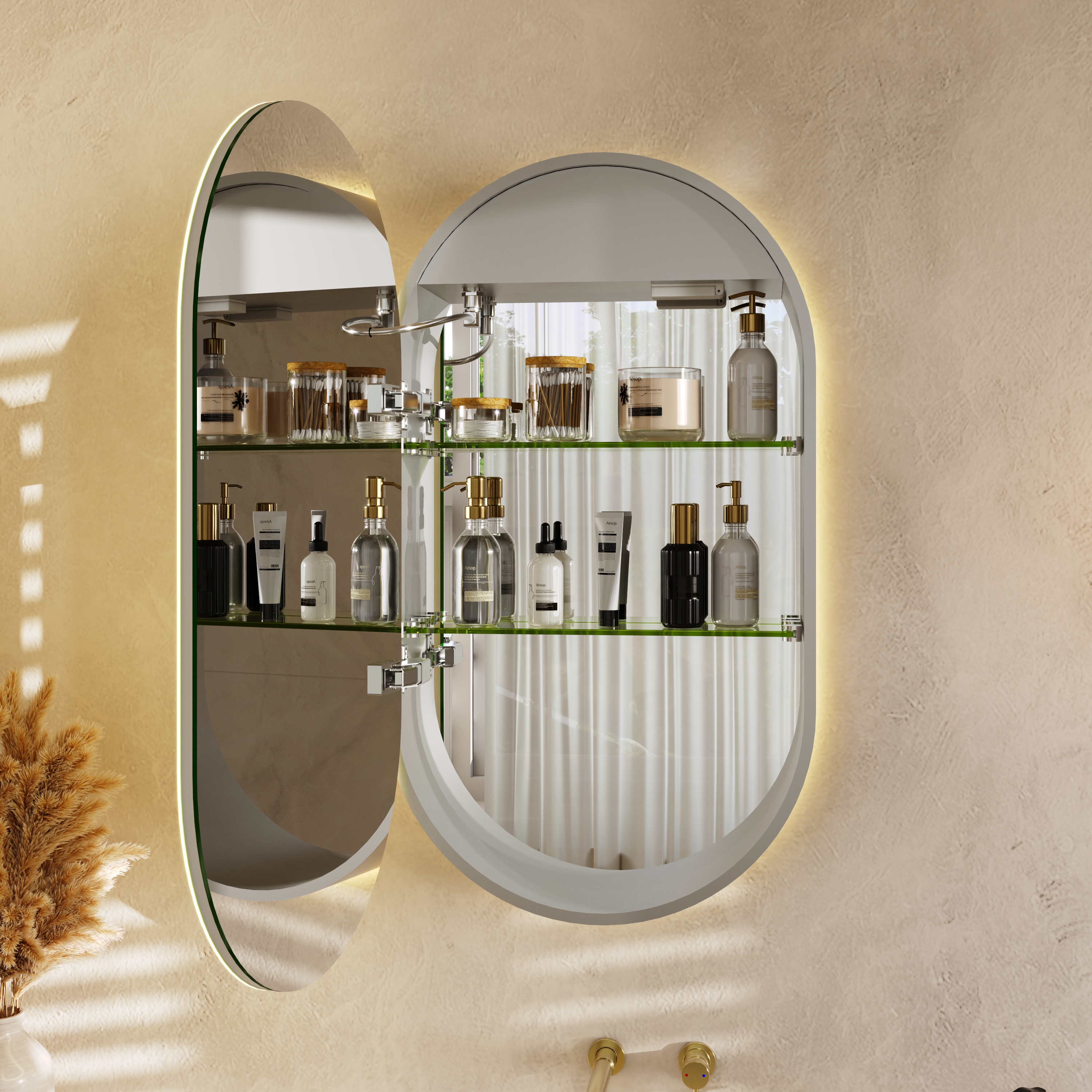 Billy LED Oval Mirrored Cabinet with Demister Pad, Shaver Socket & Colour Change Lights - 450 x 800mm