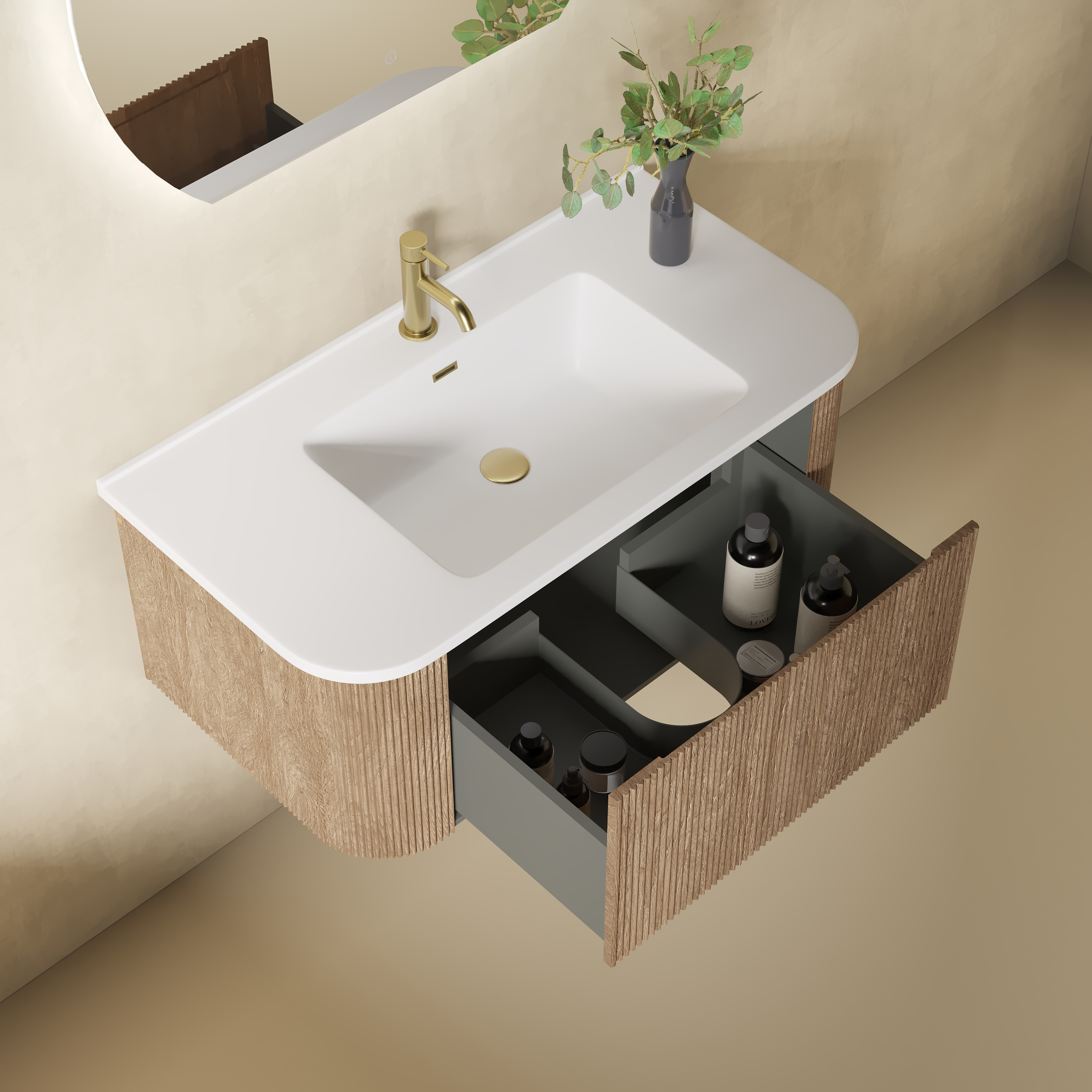 Drench Groove 870mm Fluted Wall Hung Curved Vanity Unit & Matt Stone Basin